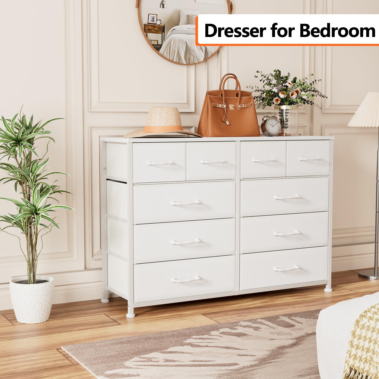 Furnulem White 55-Inch TV Stand Dresser - 10-Drawer Storage Cabinet with Sturdy Metal Frame for Bedroom, Living Room & Entryway | Perfect as TV Stand, Entertainment Center & Tall Storage Organizer
