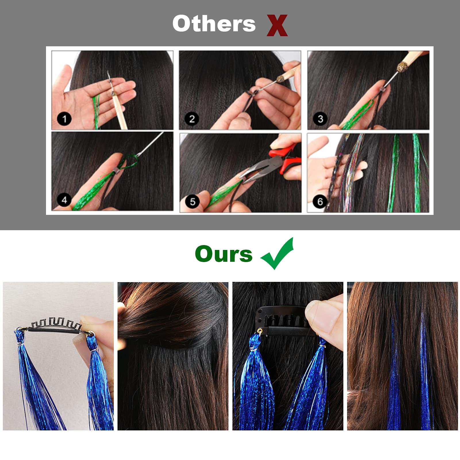 Sparkly Glitter Hair Extensions Kit - 23 Inch Heat Resistant Fairy Hair Tinsel with 10 Color Options | Clip-In Hair Accessories for Girls, Parties, Cosplay & Festivals