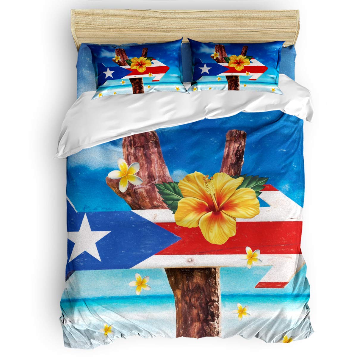 4-Piece Puerto Rico Flag Duvet Cover Set with Hibiscus Print - Queen Size Ultra Soft Quilted Bedding Includes 2 Pillowcases - Tropical Seaside Landscape Design for Coastal & Vacation Home Decor