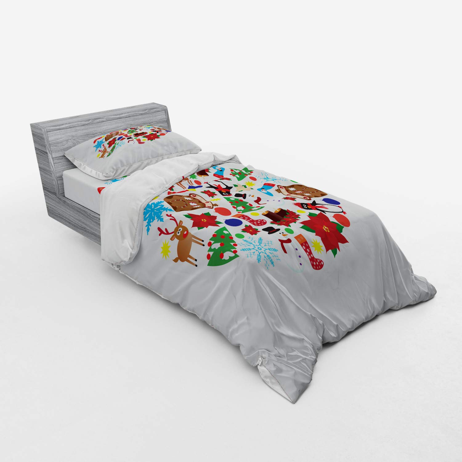 Ambesonne Christmas Bedding Set 3-Piece - Traditional Noel Theme with Pine Trees, Snowmen, Penguins & Reindeer - Twin XL Duvet Cover Set with Sham & Fitted Sheet - Holiday Home Decor for Winter Bedrooms & Cozy Seasonal Styling