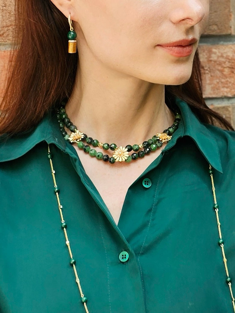 Golden Coral and Malachite Dangle Earrings NE033 - Elegant Handmade Jewelry for Women, Perfect for Parties, Weddings & Special Occasions
