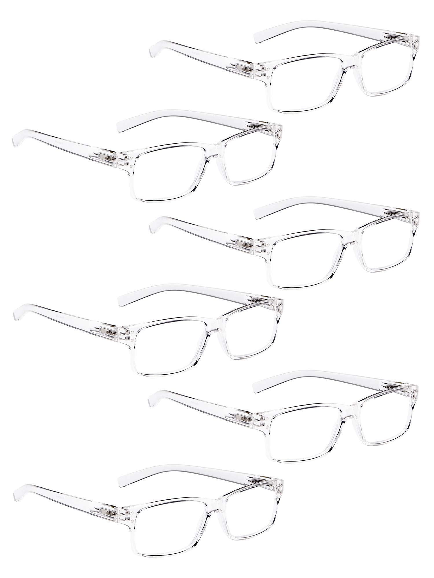 LUR Reading Glasses 6 Pack - Spring Hinge Comfortable Plastic Readers (Clear) - Perfect for Reading, Crafts & Computer Work