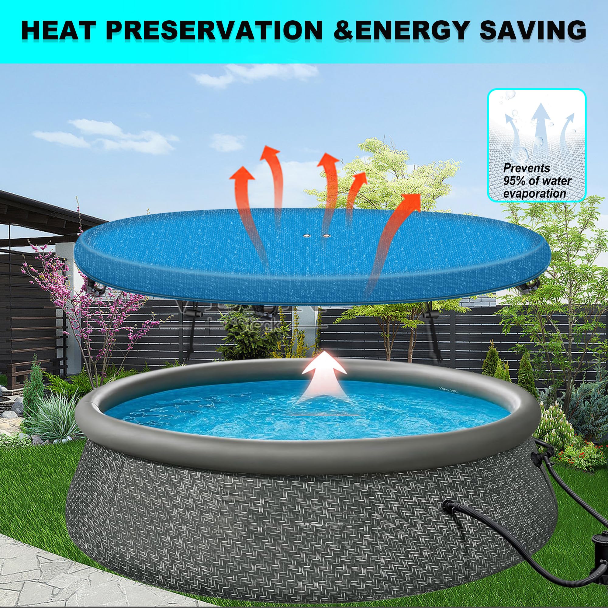 8Ft Round Inflatable Pool Cover for Above Ground Pools - Quick Installation, Waterproof & Dustproof - Prevents Waterlogging & Debris - Heavy Duty Blue Swimming Pool Cover for Summer, Winter Protection & Easy Maintenance