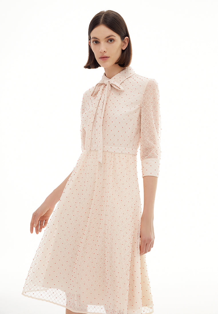 Elegant Pink Beaded Collar Dress with Ribbon Trim - Perfect for Weddings, Parties & Special Occasions