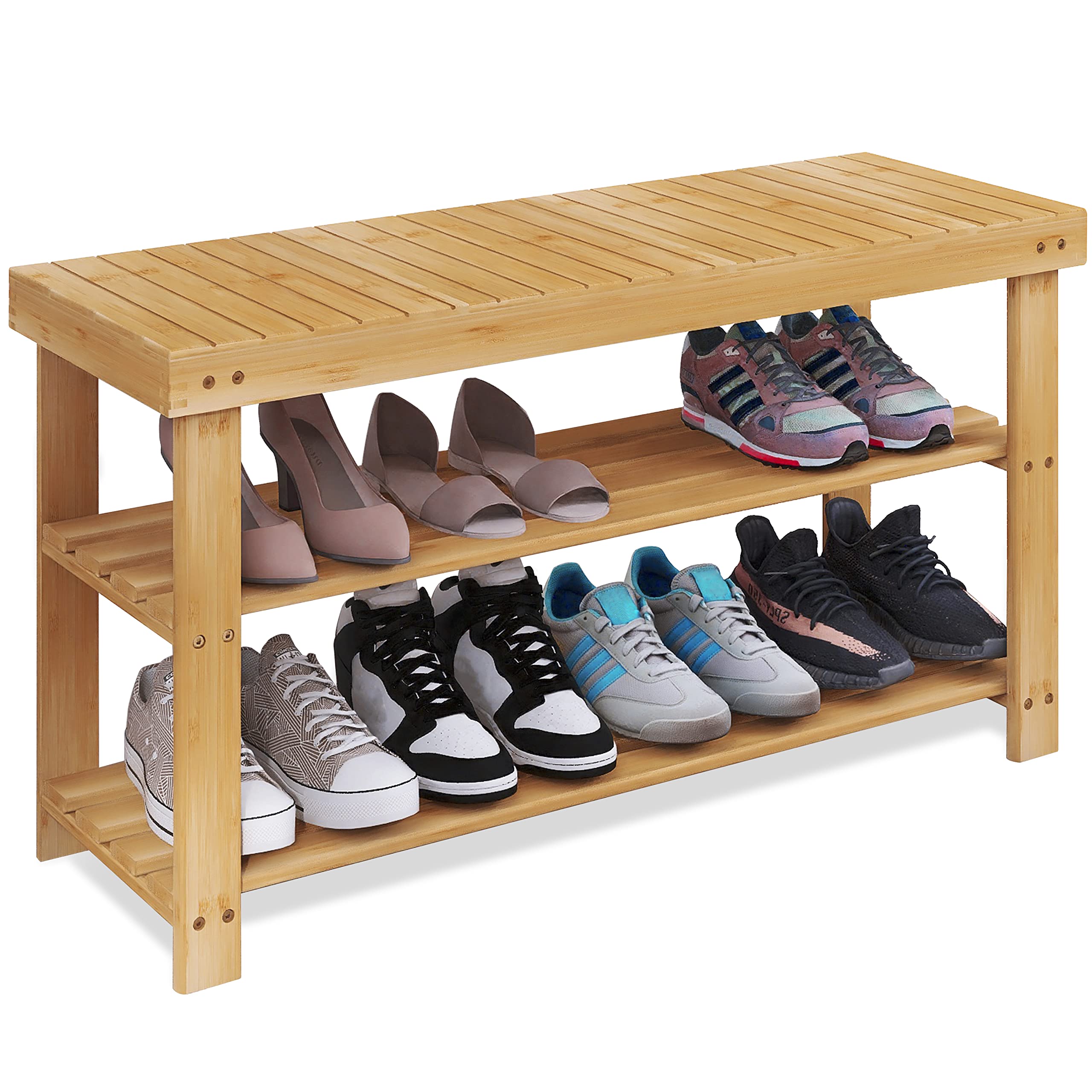 SMIBUY 3-Tier Bamboo Shoe Rack Bench - Natural Wood Shoe Organizer Storage Shelf for Entryway, Hallway, Bathroom & Living Room - Perfect for Small Spaces & Home Organization