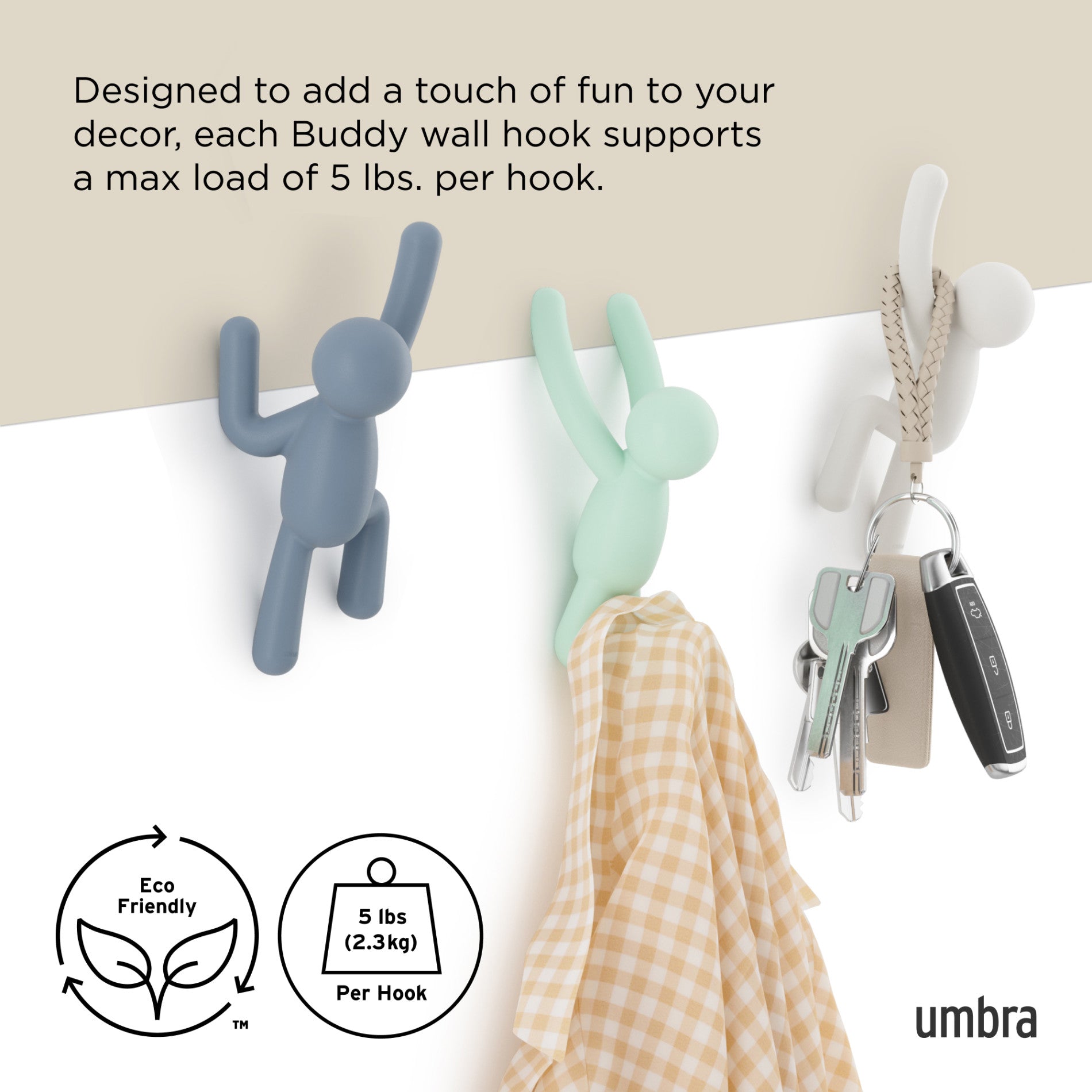 Buddy Wall Hooks Set of 3 - Heavy Duty Adhesive Hooks for Hanging Coats, Hats & Keys - Perfect for Home, Office & Dorm Organization