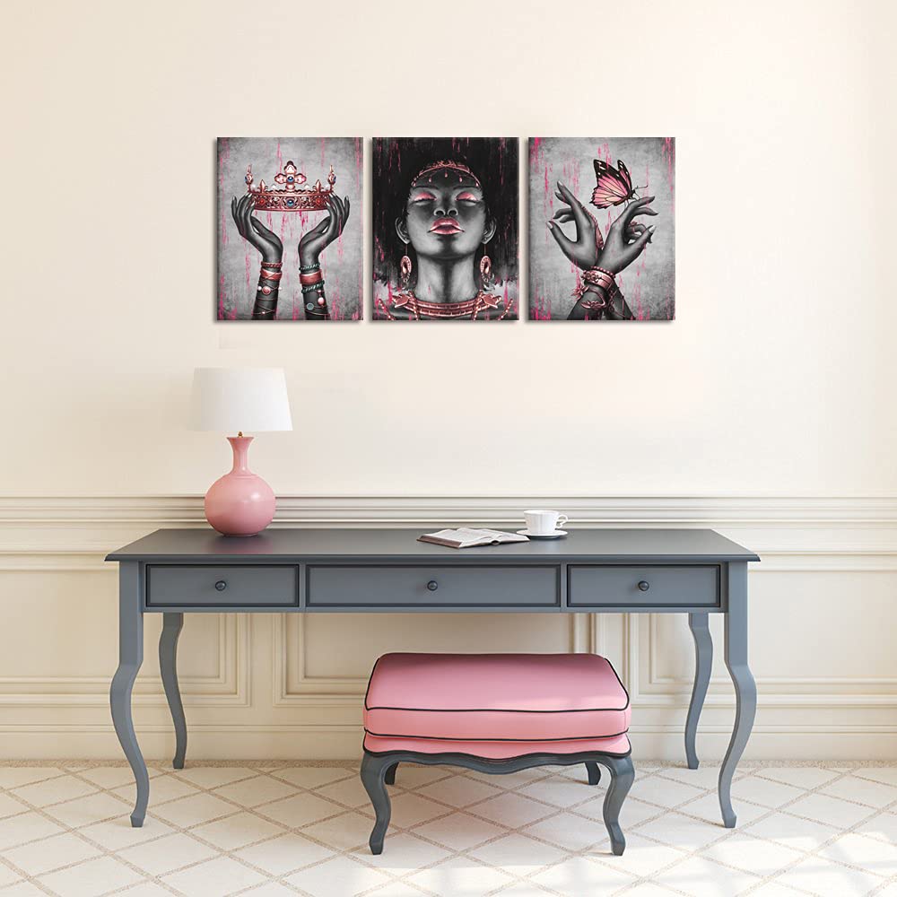 African American Queen Portrait Canvas Wall Art - Black Woman Fashion with Gold Rose Pink Necklace, Bracelet, Crown & Butterfly - Giclee Framed Poster for Living Room, Bedroom, Office & Home Decor