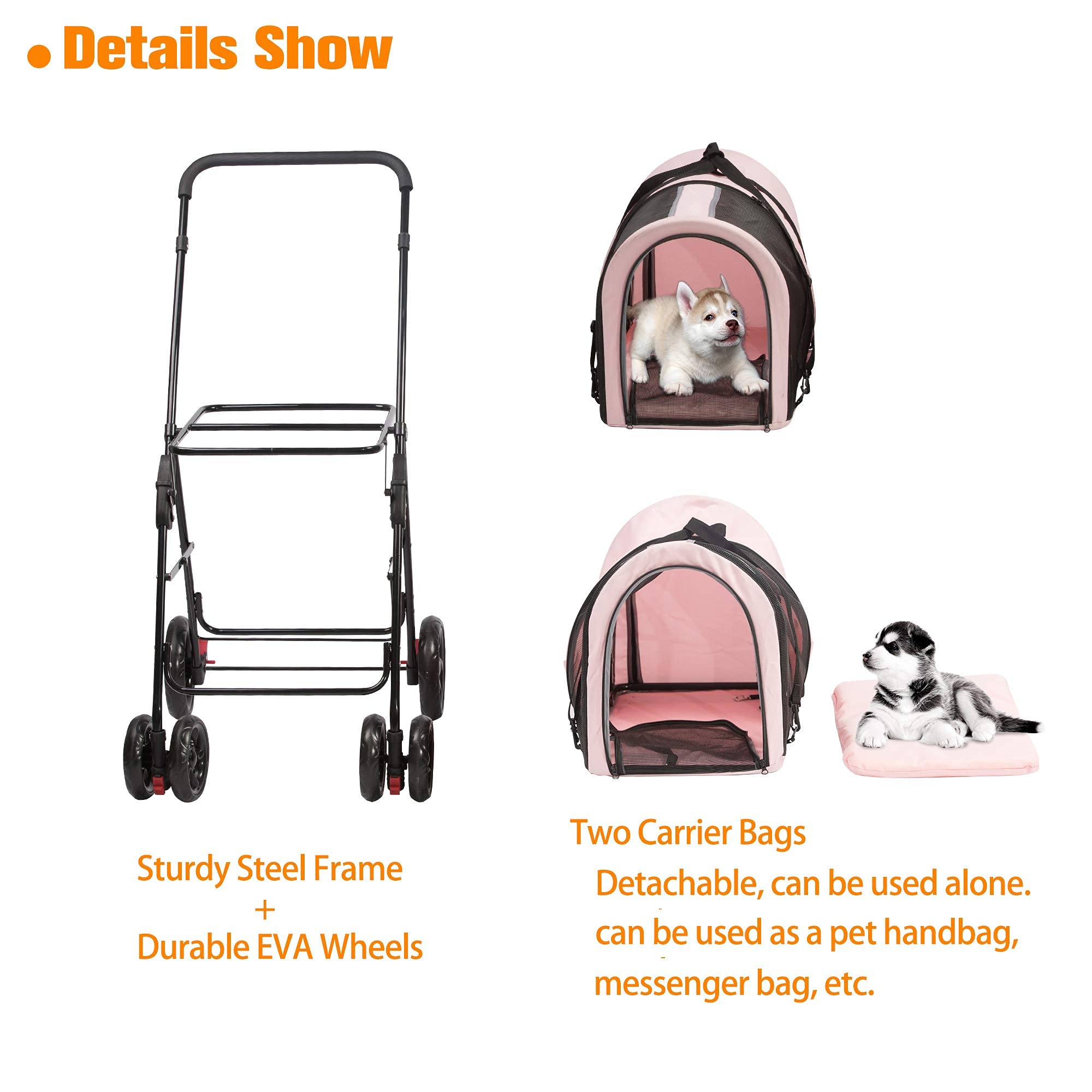 LUCKYERMORE Double Pet Stroller for Dogs & Cats - 4-Wheel Foldable Design with 2 Detachable Carrier Bags | Travel Carrier for Small & Medium Pets | Perfect for Park Walks, Vet Visits & Shopping Trips (Pink)