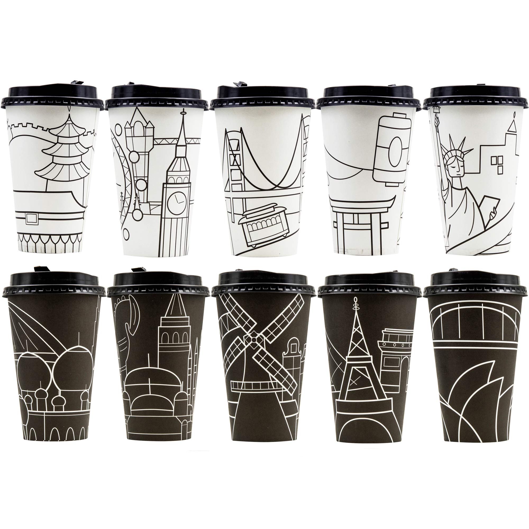Youngever 70-Pack Disposable Coffee Cups with Lids - Insulated Hot/Cold Paper To-Go Cups, Leak-Proof & Durable, Stylish City Skyline Design - Perfect for Office, Cafes, Parties & Outdoor Events