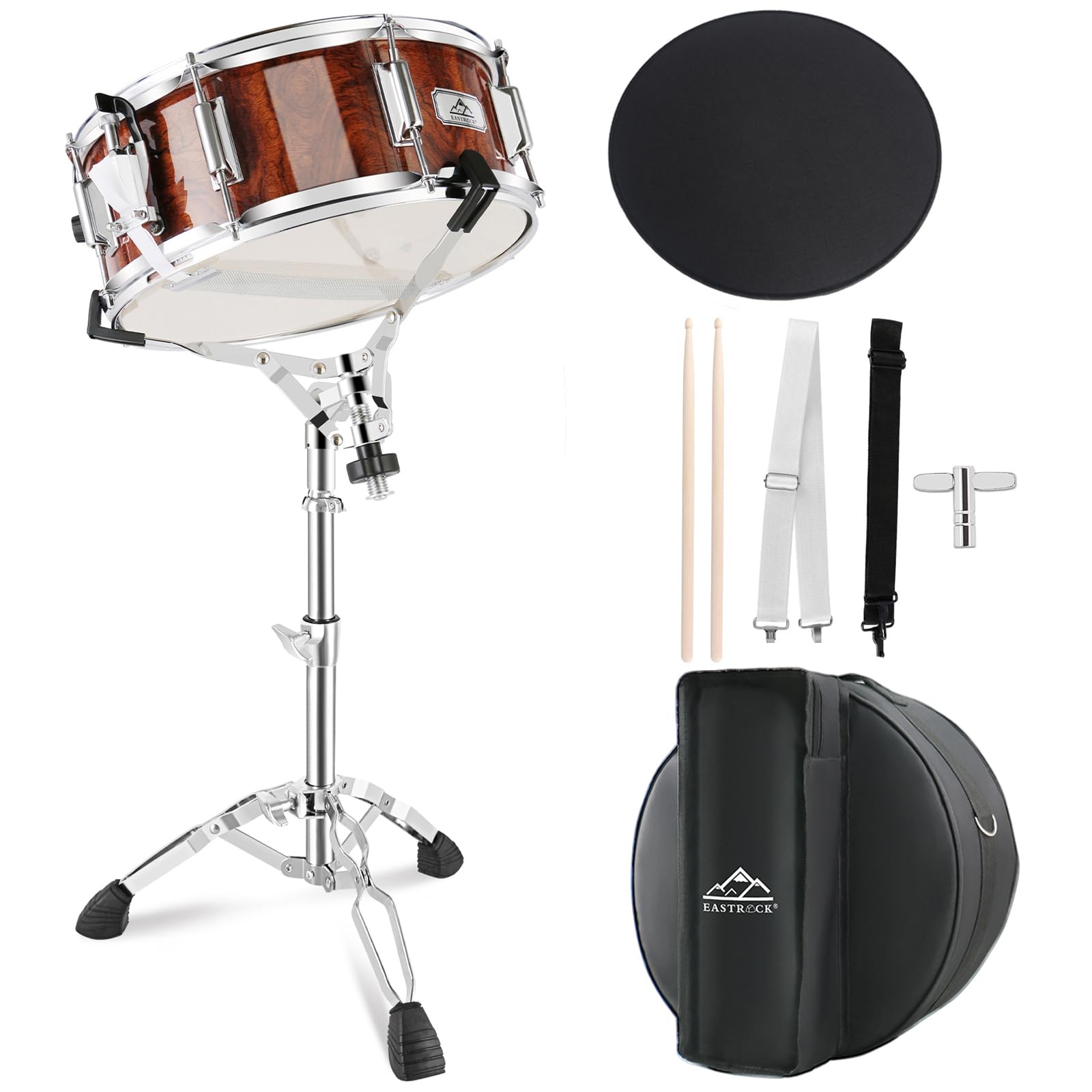 EASTROCK 14x5.5 Inch Snare Drum Set for Beginners - Includes Gig Bag, Drumsticks, Stand & Keys - Coated Tiger-Stripe Drum Head - Perfect for Students, Practice & Live Performances