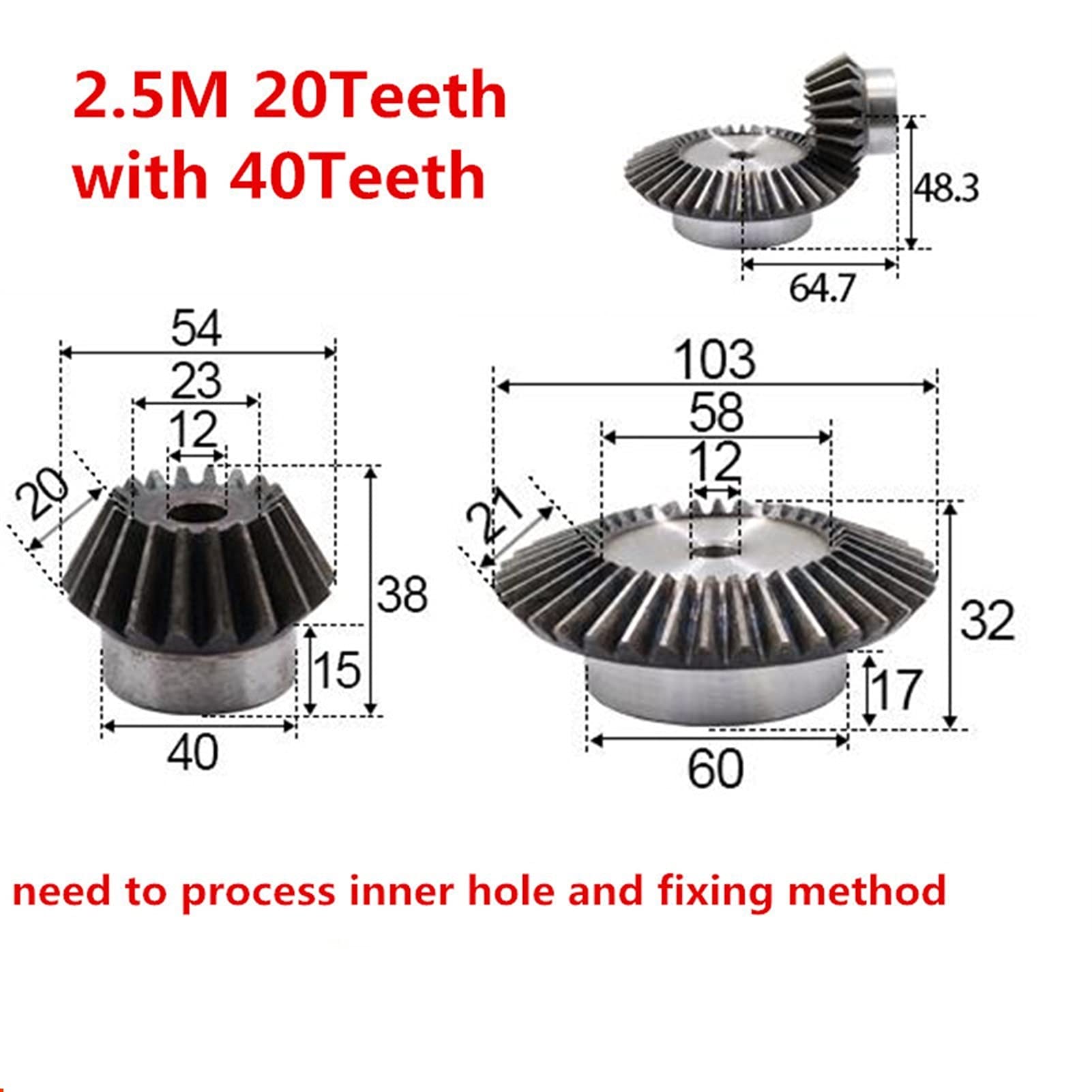 High-Quality 1:2 Bevel Gear 2.5 Modulus 20T+40T with 12mm Inner Hole - 90 Degree Steel Drive Gear for Power Transmission - Perfect for Robotics, CNC Machines, and Industrial Equipment (M5 Screw, Durable Construction)