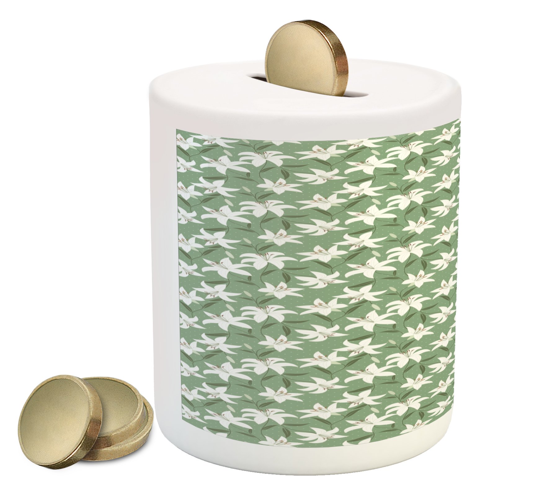 Ambesonne Romantic Ceramic Piggy Bank with Lilly Bouquet Valentine's Day Design on Polka Dot Background - Pistachio Green & White Money Box for Cash Savings | Perfect Gift for Valentine's, Birthdays & Home Decor