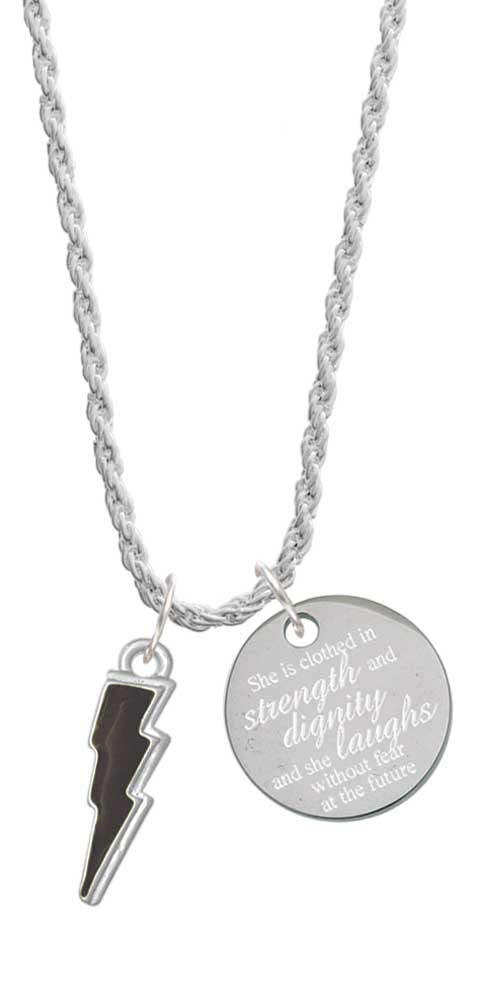 Delight Jewelry Silver Tone Enamel Lightning Bolt Charm Necklace - 'She is Clothed in Strength and Dignity' Inspirational Pendant, 20+3 Inch Adjustable Chain - Perfect for Everyday Wear, Gifts & Special Occasions