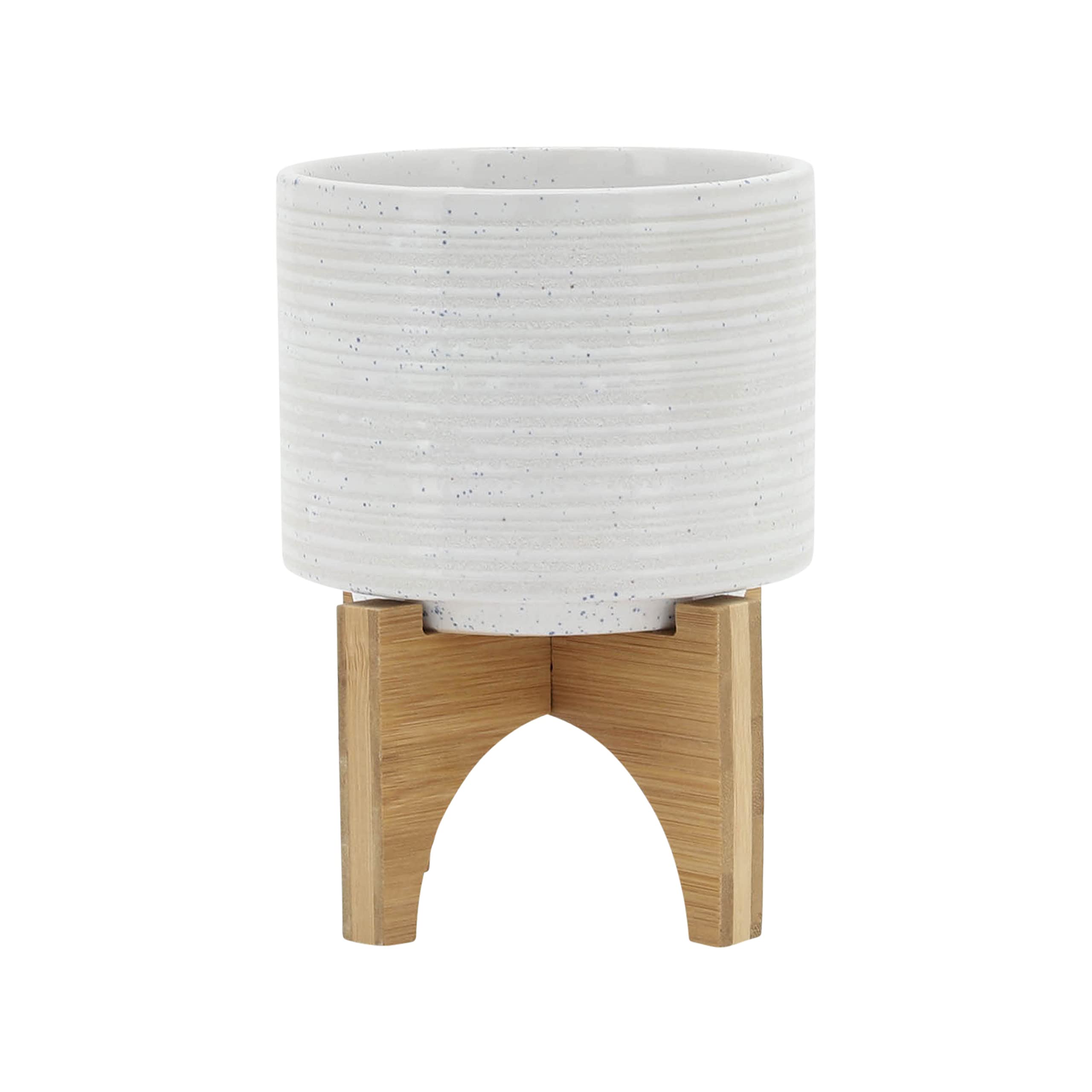 Sagebrook Home 5 Inch White Speckled Ceramic Planter with Wood Stand - Indoor Outdoor Flower Pot for Plants, Succulents, Herbs - Perfect for Home Decor, Patio, Garden, and Office Spaces