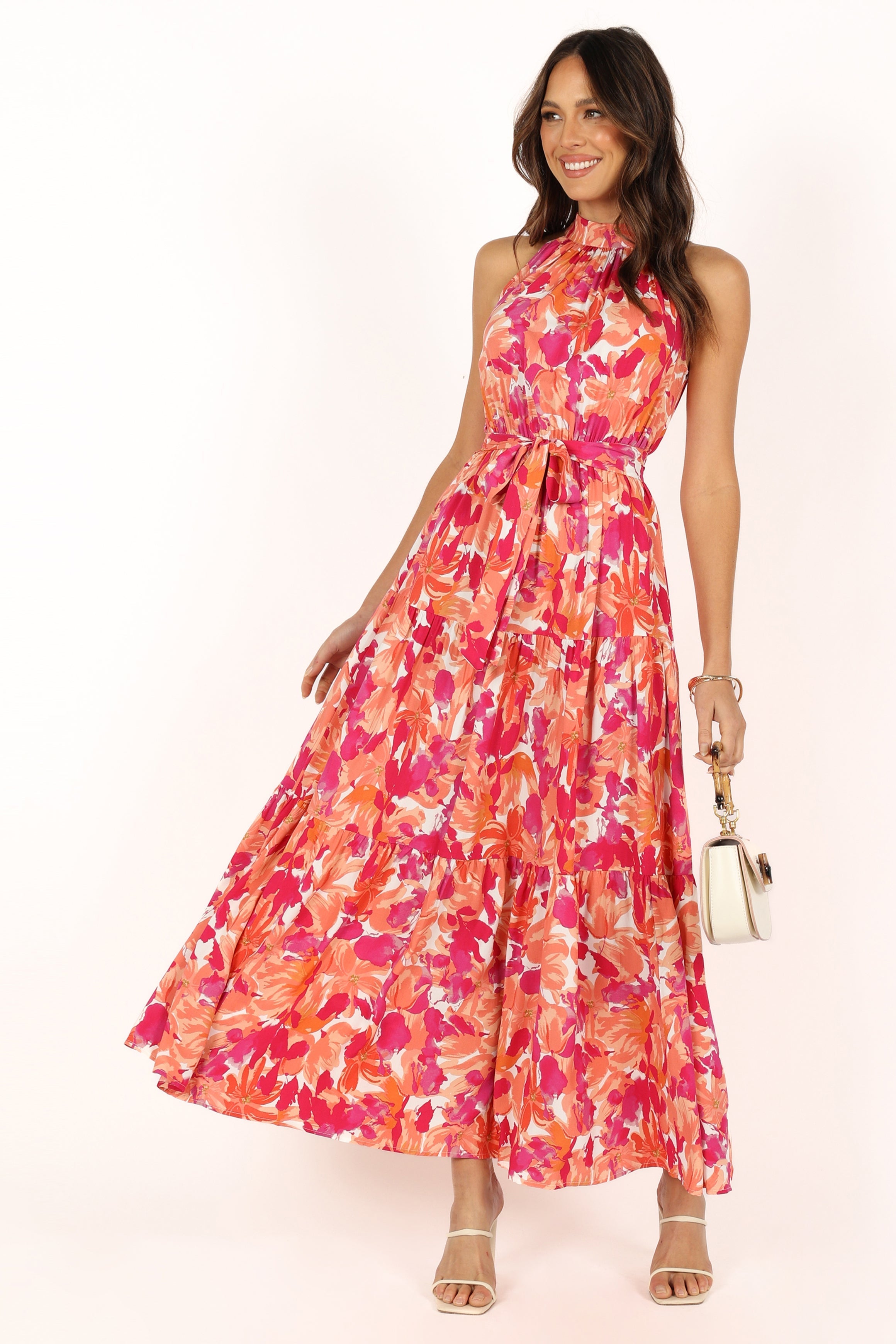 Caroline Maxi Halter Dress for Women - Flowy Summer Sundress in Red Orange | Beach Wedding, Vacation, Party Outfit