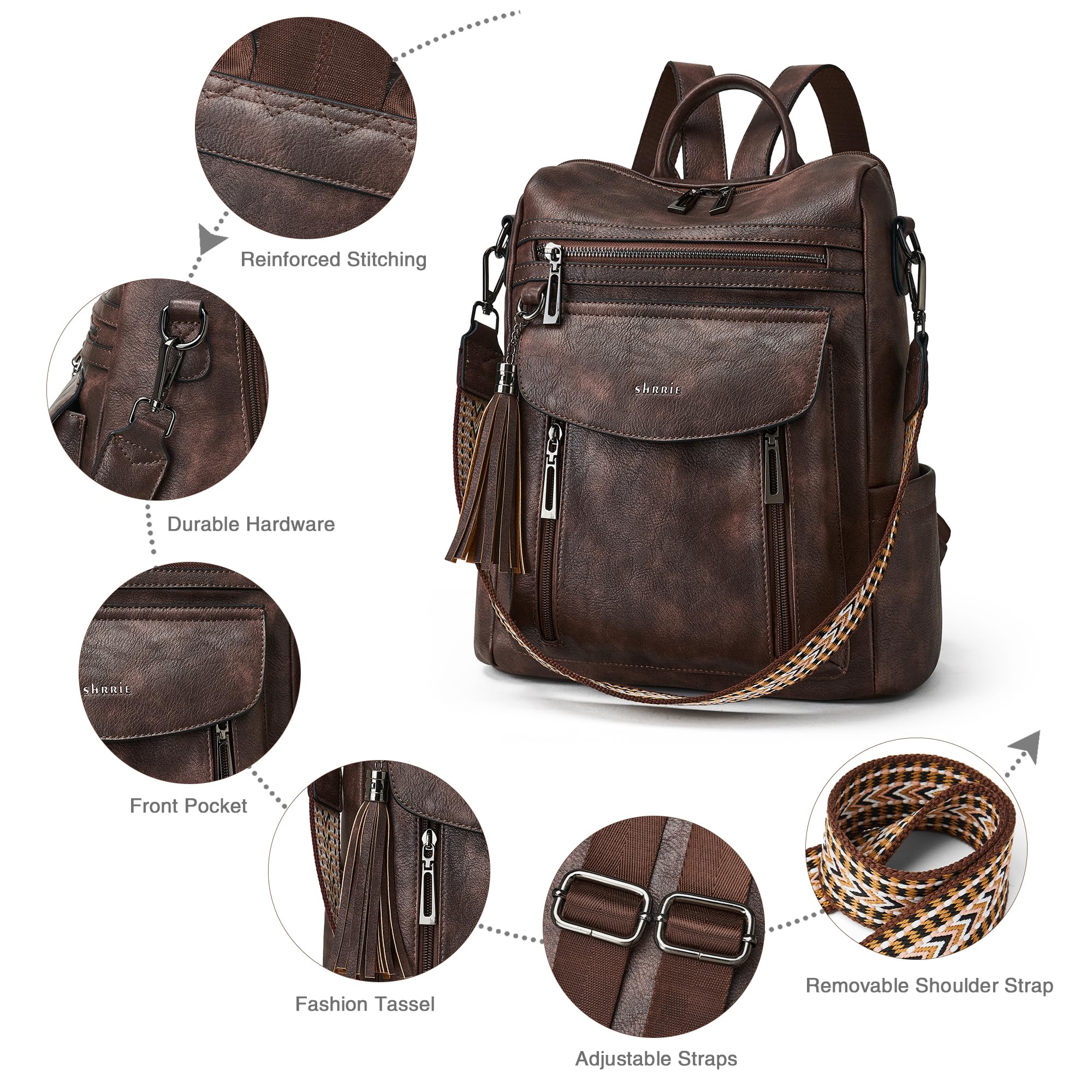Shrrie Women's Fashion Leather Backpack Purse - Convertible Shoulder Bag with Wristlet for Work, College & Travel | Stylish Designer Backpack for Everyday Use, Commuting & Business Trips
