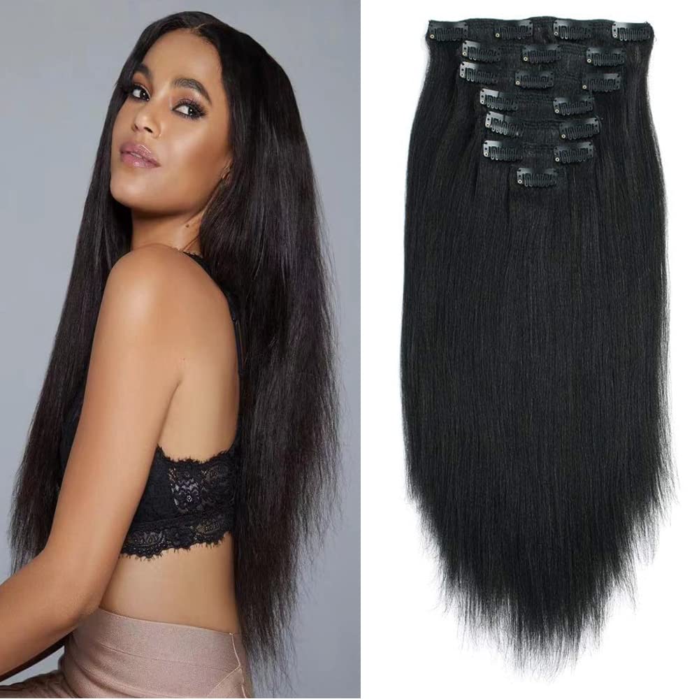 Yaki Straight Clip-In Hair Extensions for Black Women - 7PCS/Set 16Inch 120Gram Remy Human Hair (Straight & Curly Styles) | Perfect for Daily Wear, Parties & Special Occasions
