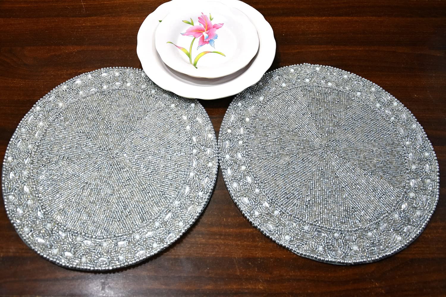 HM Creations Treasures Silver Beaded Placemats - Luxury 13x13 Inch Table Mats, Designer Charger Plates for Spring Dining Decor, Wedding & Holiday Table Settings (Set of 6)