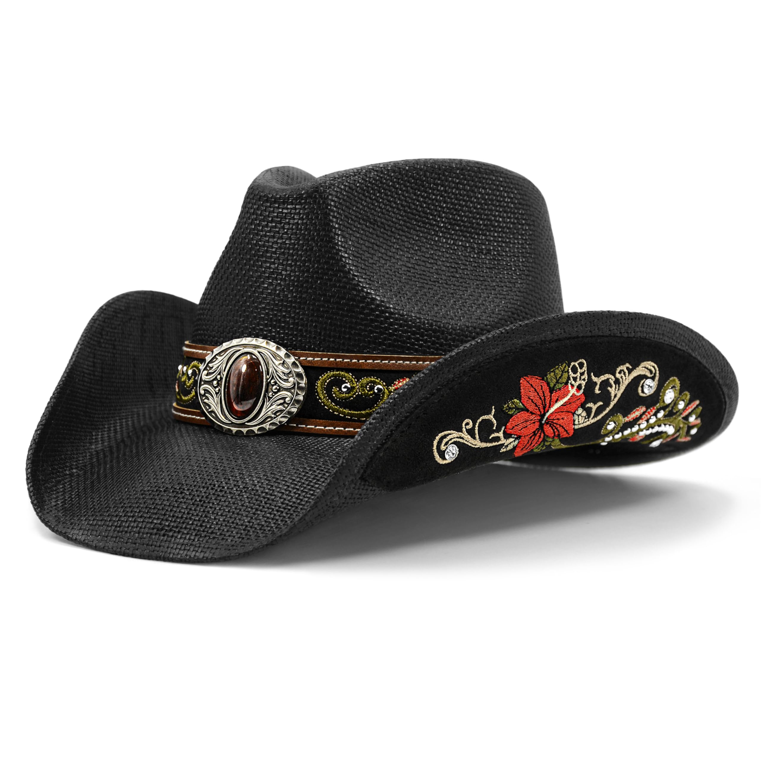 Stylish Straw Western Cowboy Hats for Women & Men - Embroidered Cowboy & Cowgirl Hat for Rodeo, Country Music Festivals & Outdoor Adventures