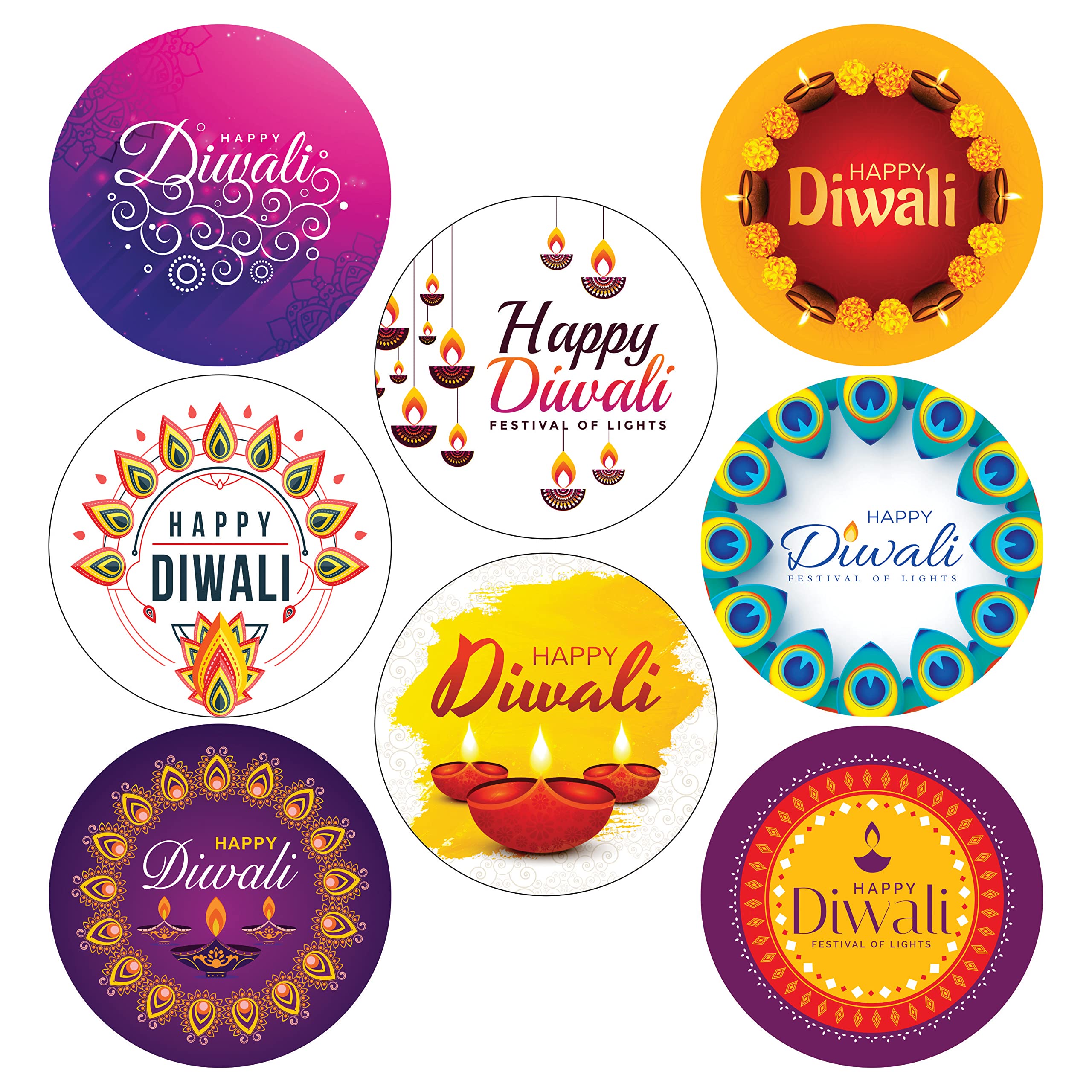 Happy Diwali Round Stickers 1.5 Inch - 100pc Pack for Party Decorations, Gift Wrapping, Candy Jars, Bottles & Diwali Celebration Supplies - Perfect for Festive Gifts, Bags, Boxes and Home Decor