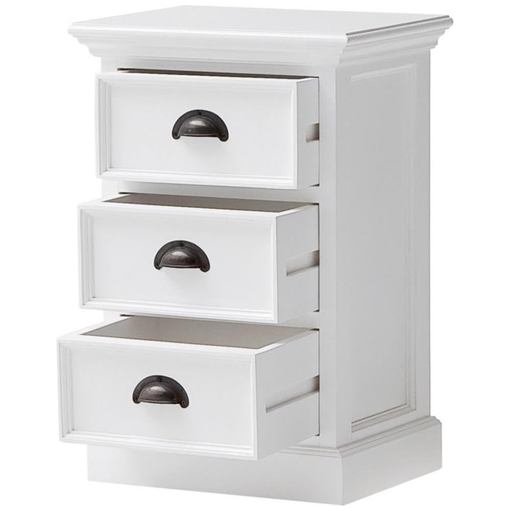 NovaSolo Halifax Pure White Mahogany Wood Nightstand with 3 Drawers - Bedside Table, End Table for Bedroom, Living Room & Office Furniture