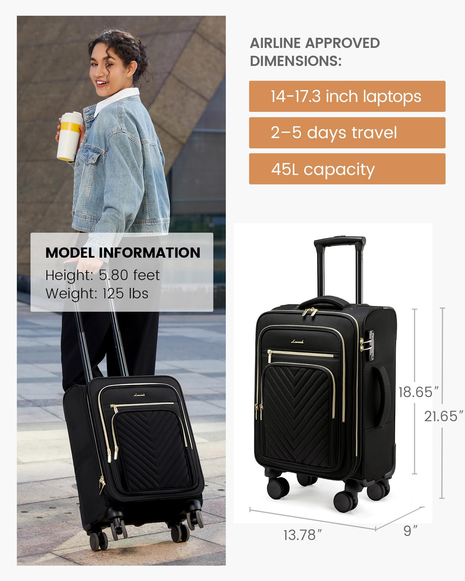 LOVEVOOK 20 Inch Carry On Luggage 22x14x9 Airline Approved - Lightweight Softside Rolling Suitcase with Wheels & TSA Lock for Women & Men - Perfect for Business Travel, Weekend Getaways & Airplane Cabins
