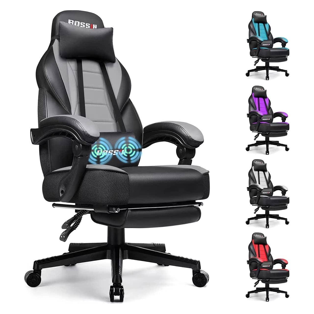 BOSSIN Ergonomic Gaming Chair with Massage & Footrest - Heavy Duty High Back Office Chair with Lumbar Support & Large Cushion for Big & Tall Adults - Perfect for Home Office, Gaming Setup, and Streaming Studios