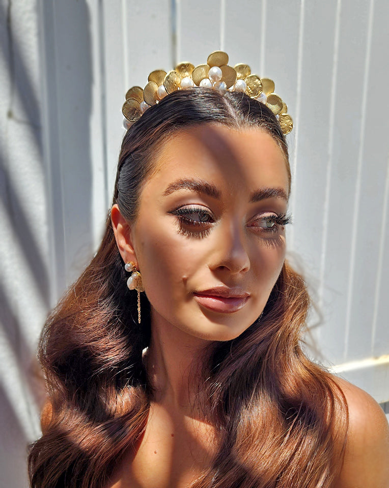 Elegant Bridal Headpiece - Grecian Pearl & Gold Textured Metal Headband by Kezani | Perfect for Weddings, Prom & Special Occasions