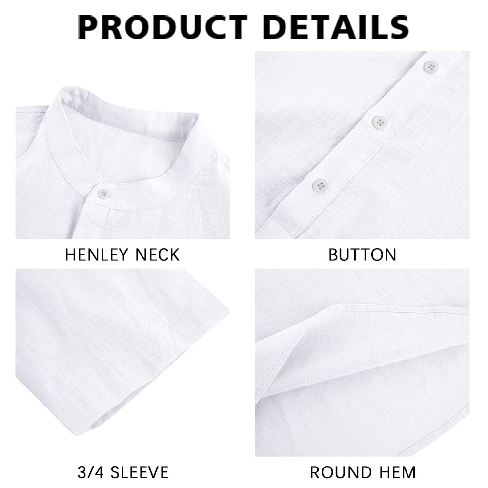 Ryannology Men's Linen Shirts - Casual 3/4 Sleeve Cotton Henley T-Shirt for Summer | Lightweight Breathable Beach & Yoga Top | Perfect for Outdoor Activities, Vacation Wear and Relaxation
