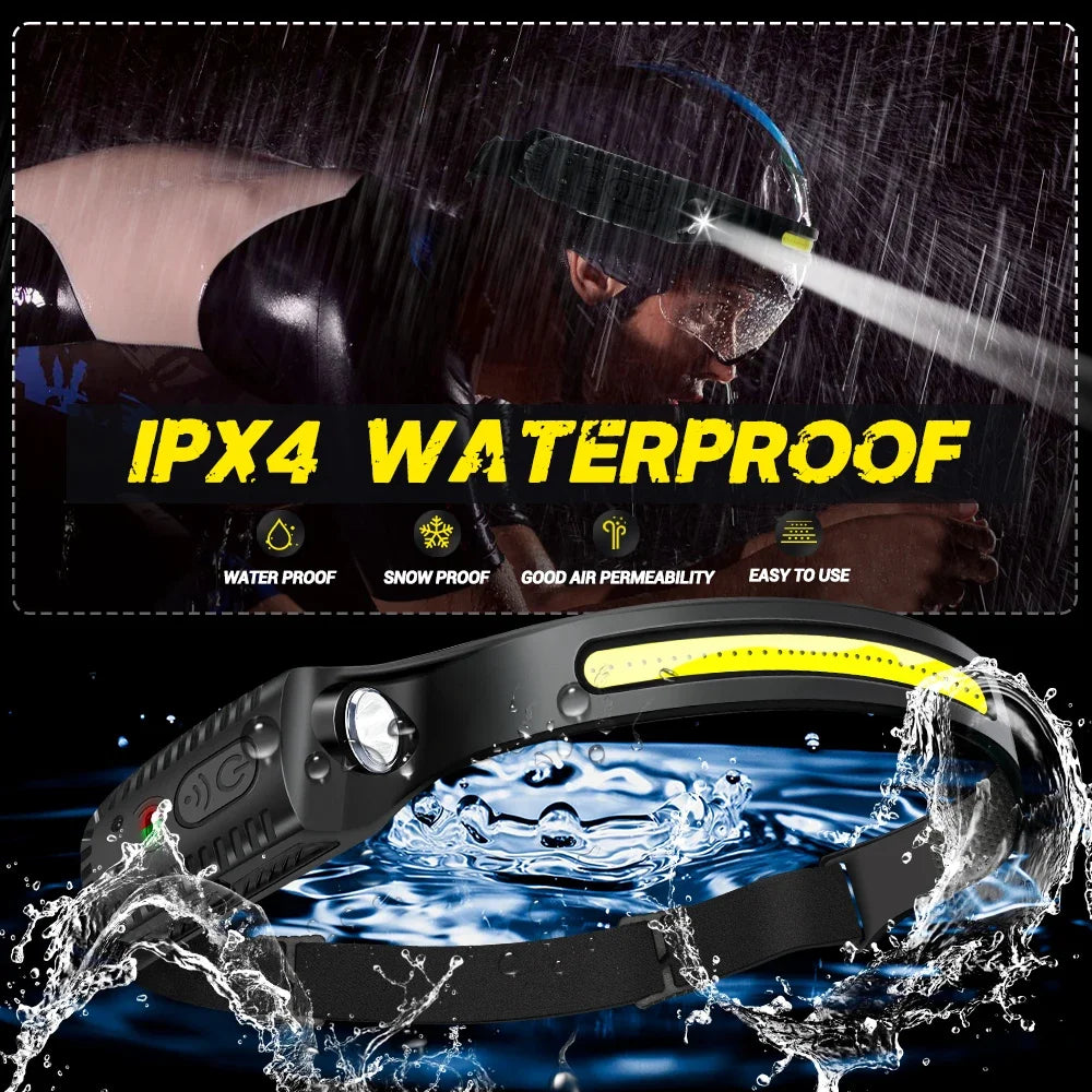 USB Rechargeable LED Sensor Headlamp - XPE+COB Bright Headlight with Motion Detection, Adjustable Head Torch for Camping, Hiking, Fishing & Outdoor Activities | Waterproof Flashlight for Night Work & Emergency Use