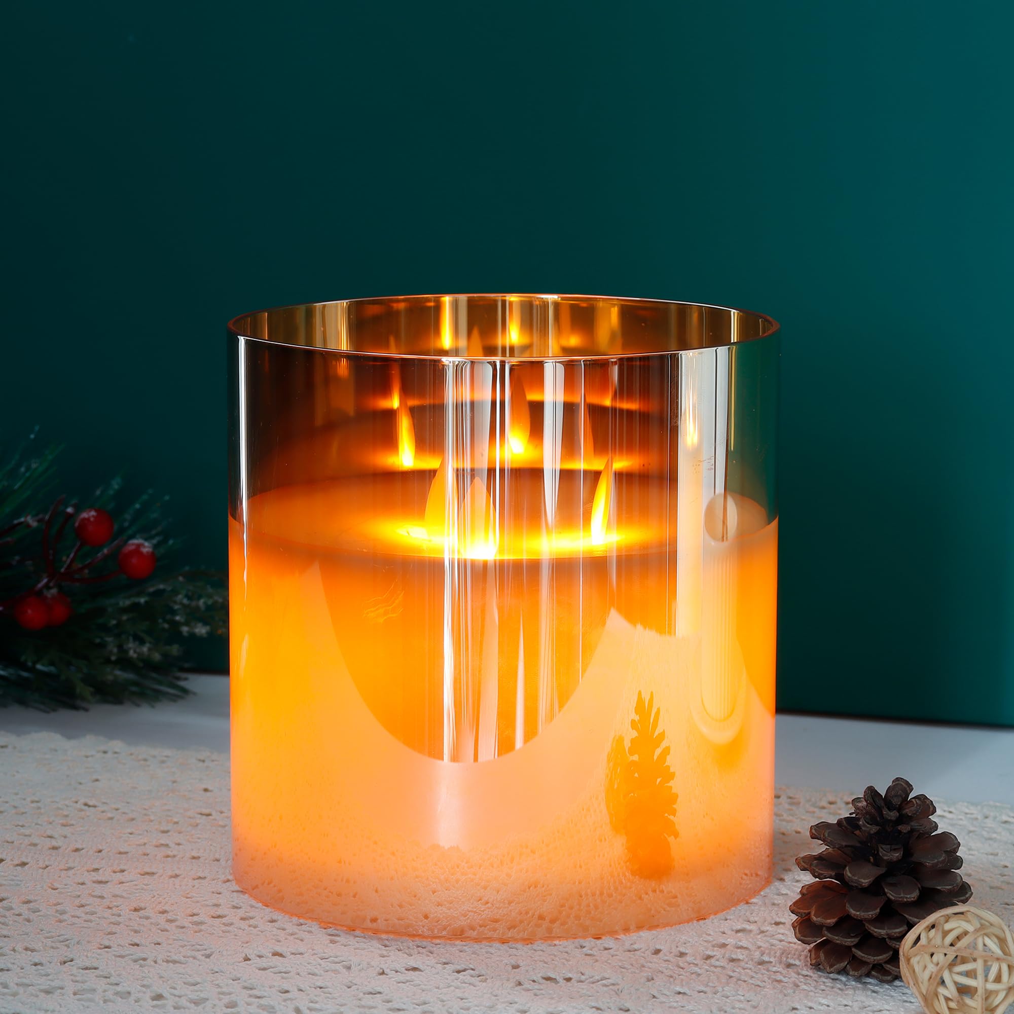 JHY DESIGN 6-Inch Large Flameless LED Candle with 3 Wicks - Battery Operated Moving Flame Effect, 6-Hour Timer, Realistic 3D Glass Design - Perfect for Christmas Decor, Party Centerpiece, Wedding, Living Room, Dining Table & Bar Decor (Gold)