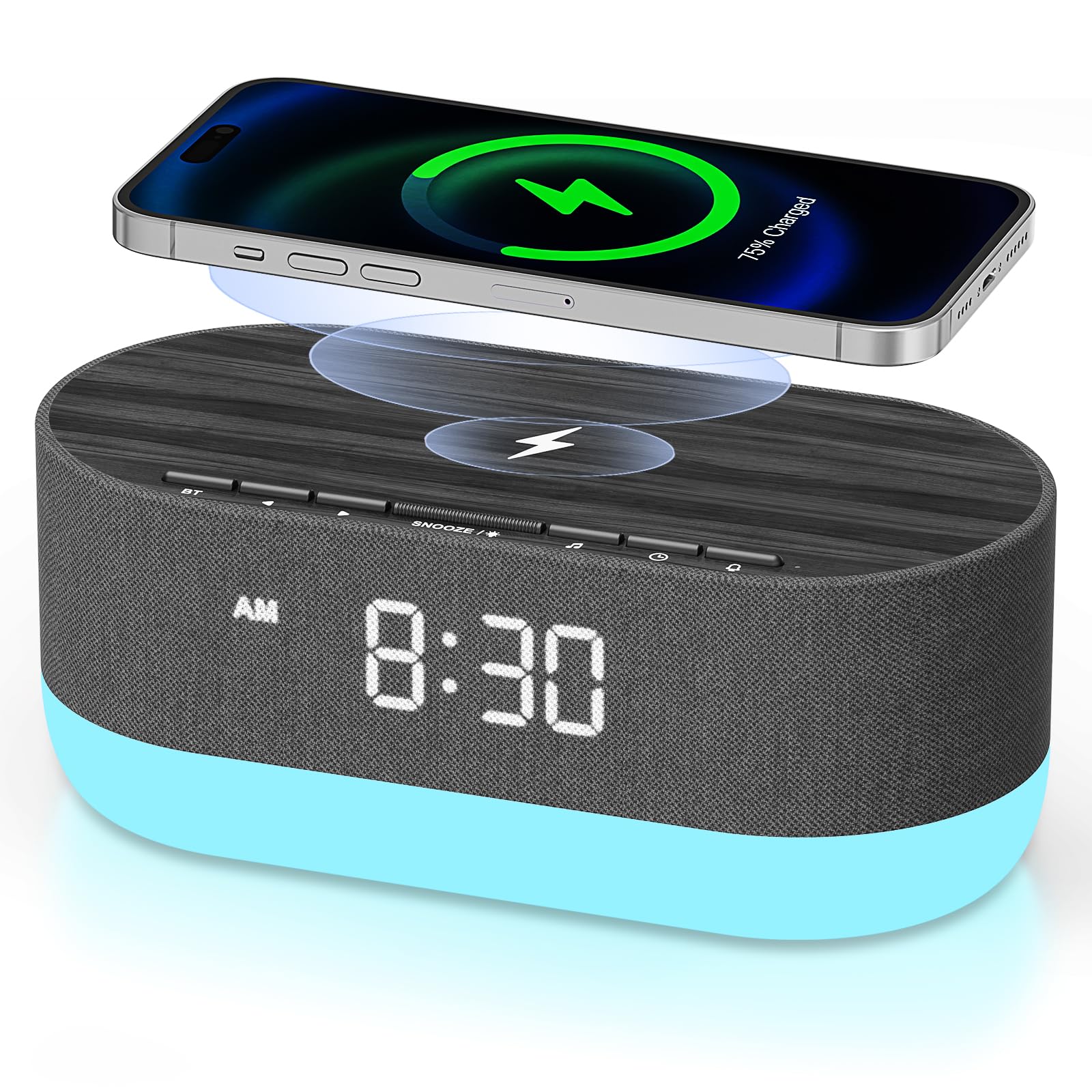 HOUSBAY Bluetooth Sound Machine with Alarm Clock - Dual Speaker White Noise Machine for Sleeping, 21 HiFi Sounds & 10W Wireless Charger, 10 Night Light Colors - Perfect for Bedrooms, Nursery, Office & Meditation (Black)