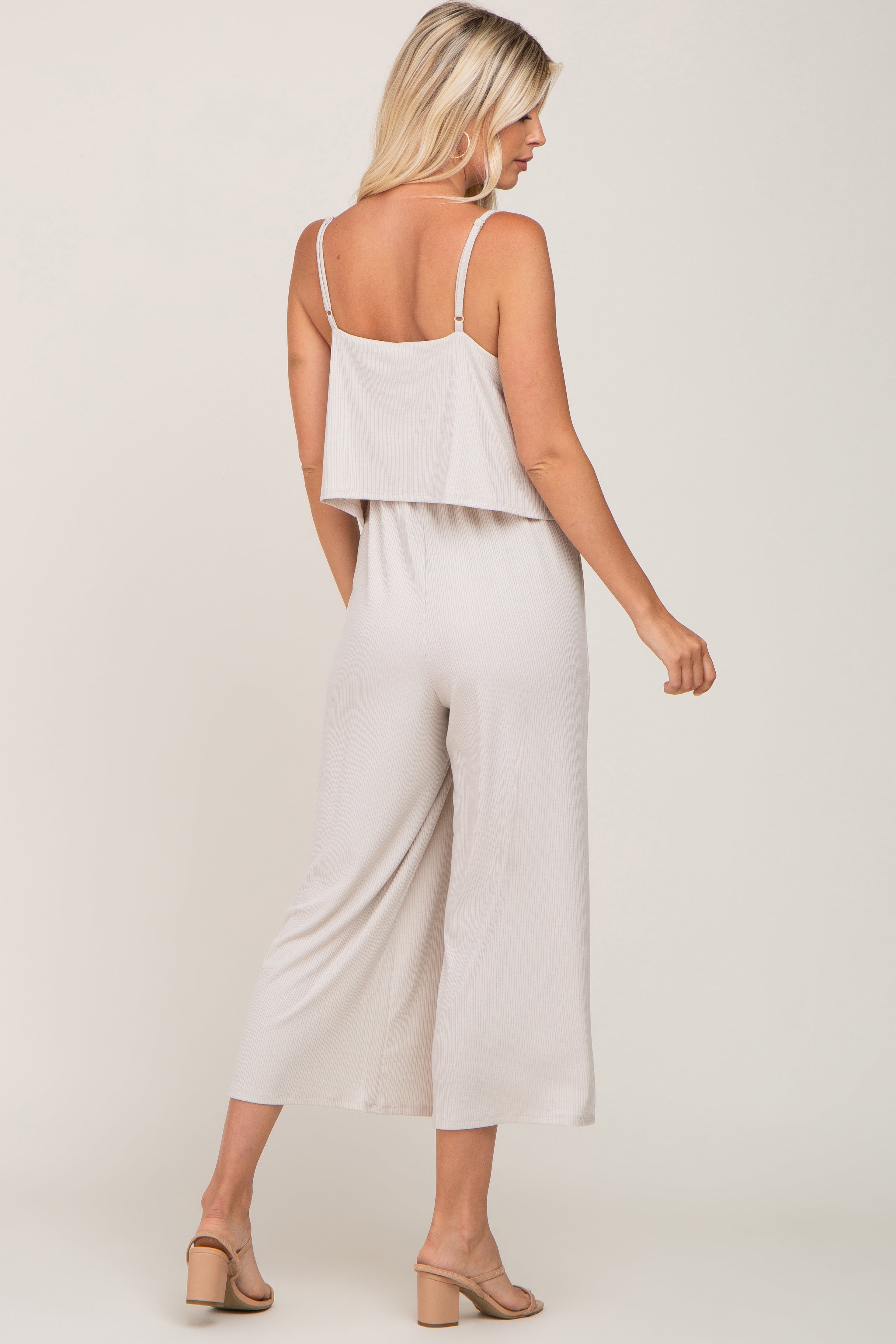 Beige Ribbed Double Layer Cropped Jumpsuit for Women - Stylish Casual Outfit for Summer, Beach, and Date Night