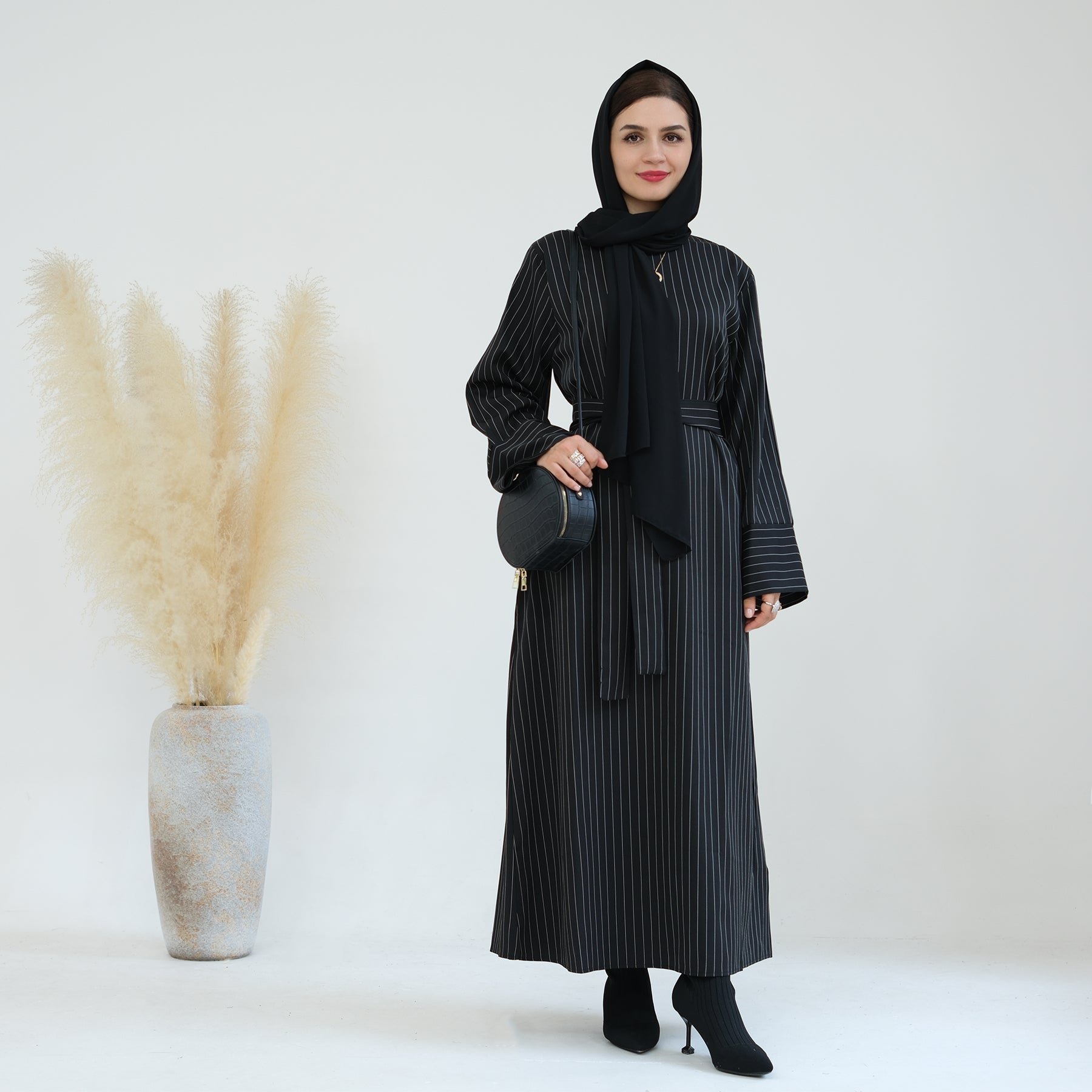 Janine Stripe Long Sleeve Belted Maxi Dress for Women - Elegant Black Flowy Dress for Parties, Weddings & Special Occasions