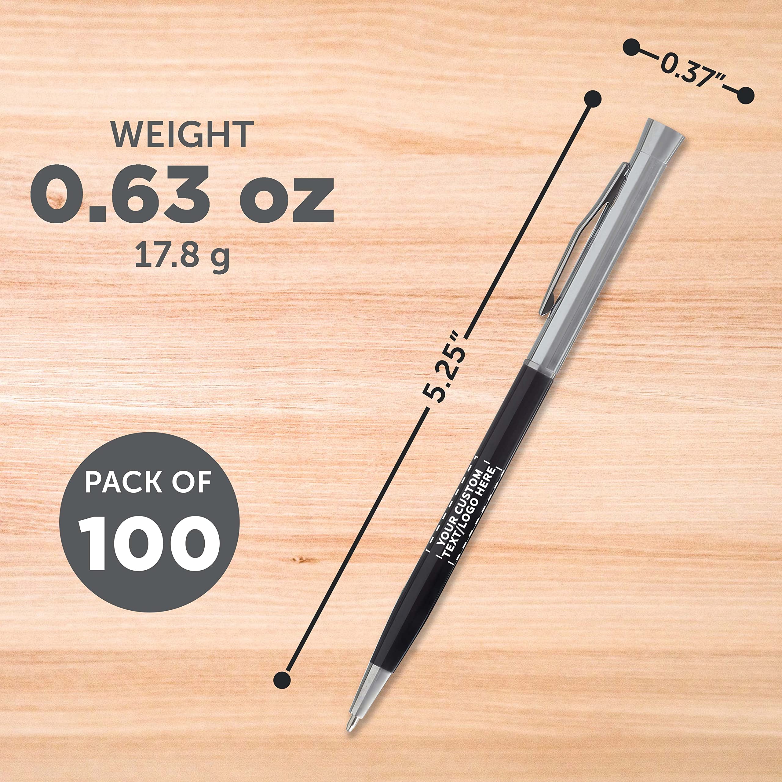 100 Pack Slim Metal Hotel Pens - Customizable with Text & Logo - Two-Tone Minimalist Design with Black Ink - Perfect for Corporate Gifts, Hotels, and Office Supplies