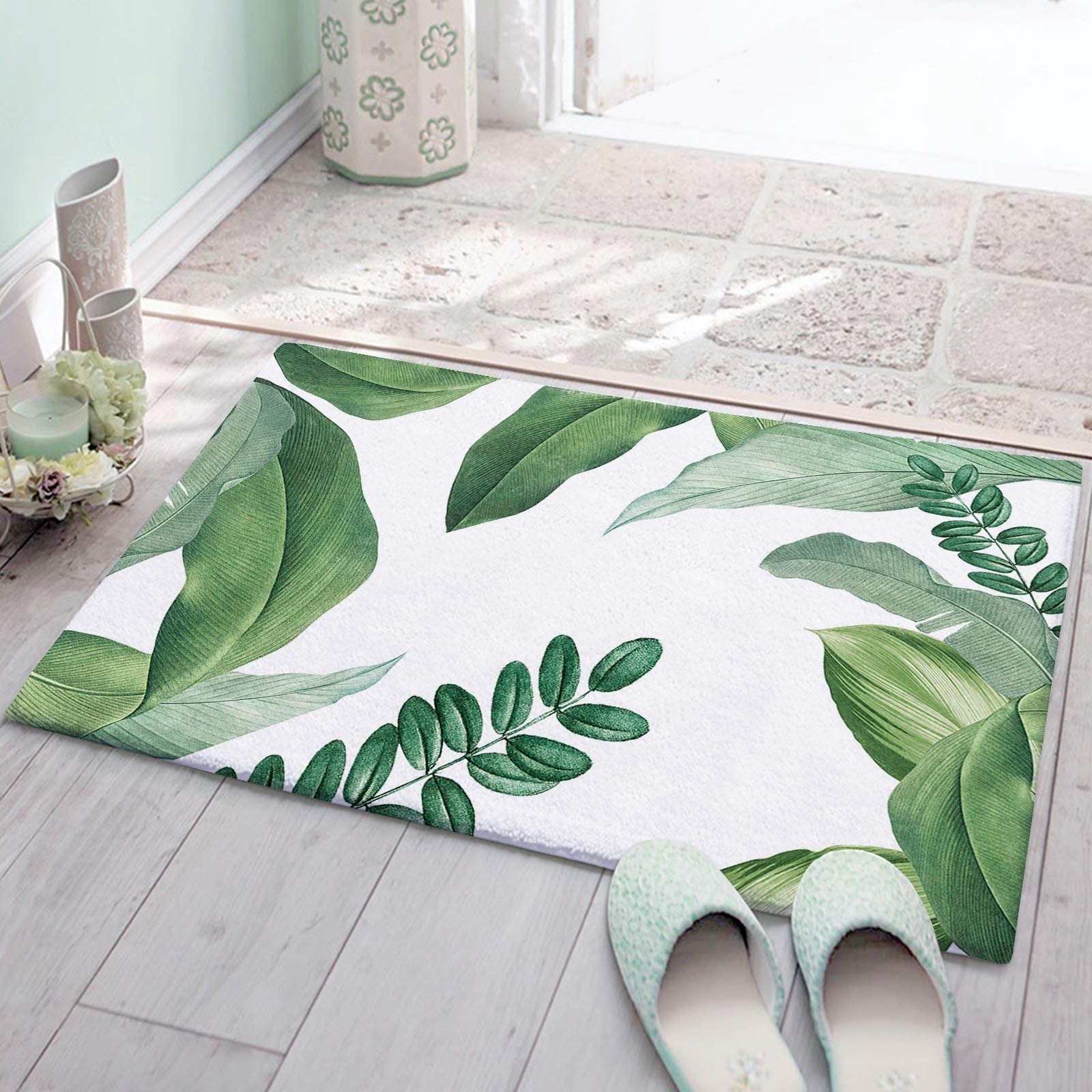 Soft Fluffy Tropical Leaf Bathroom Rugs - Non-Slip Microfiber Shag Bath Mats for Shower, Tub & Bathroom Floor - Machine Washable 16x24 Inch Green Area Rug - Perfect for Spa-Like Bathrooms & Cozy Home Decor