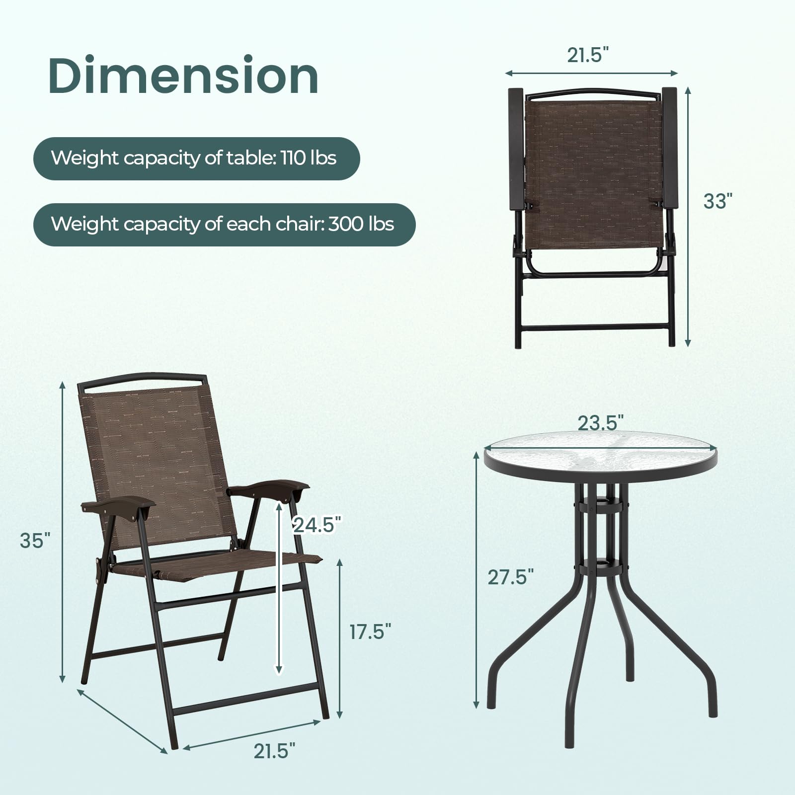 SAFSTAR 3-Piece Outdoor Dining Set - Steel Bistro Table with 2 Folding Chairs & Tempered Glass Top - Patio Furniture for Porch, Balcony, Garden, Poolside - Perfect for Outdoor Entertaining & Relaxation