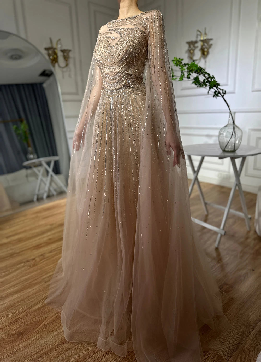 Luxury Dubai Arabic Caramel Saudi Evening Dresses with Cape Sleeves A-Line Beaded Gown for Wedding Party & Special Occasions - LA72799 | Elegant Formal Wear for Bridal, Prom & Gala Events