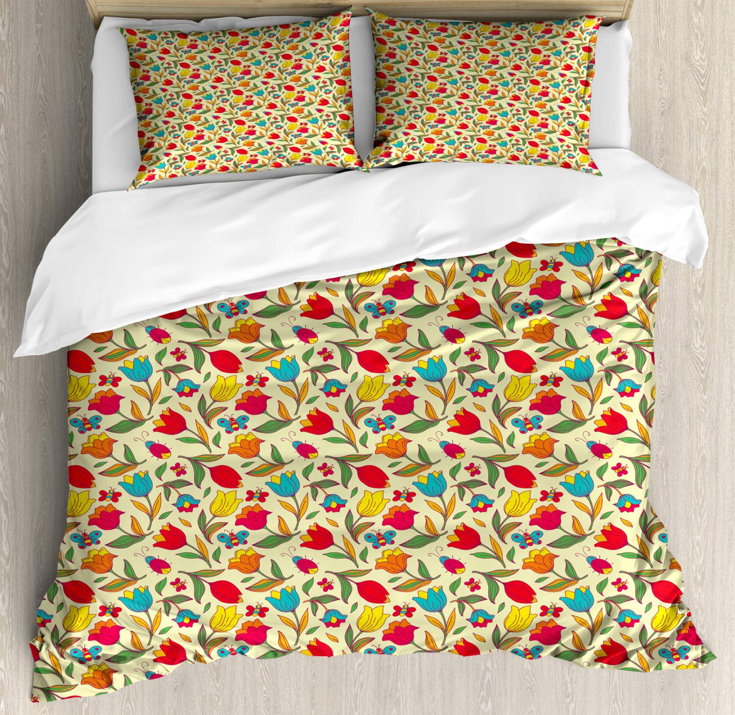 Ambesonne Floral Duvet Cover Set - Retro Style Summer Nature Art with Butterflies, Bees & Tulips | 2-Pack California King Size Bedding Set (2 Duvet Covers + 4 Pillowcases) | Perfect for Guest Rooms, Vacation Homes & Boho Chic Bedroom Decor
