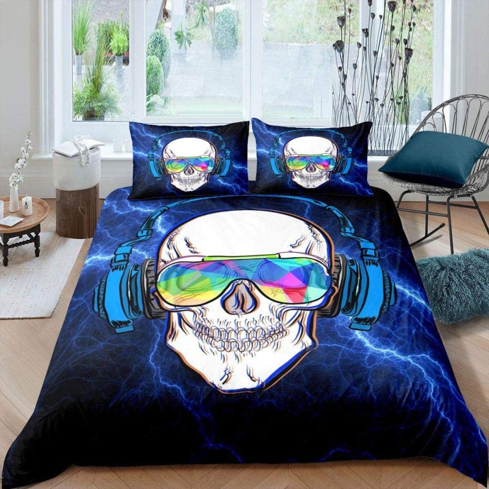 Music Skull Queen Comforter Set - Sugar Skull Bedding Set with Lightning Headphones Punk Rock Design | King Size Duvet Cover for Kids, Boys & Girls | Twin/Full Home 3-Piece Set (1 Duvet Cover + 2 Pillowcases) | Perfect for Punk Rock Themed Bedrooms, Teen Rooms & Music Lover Gifts