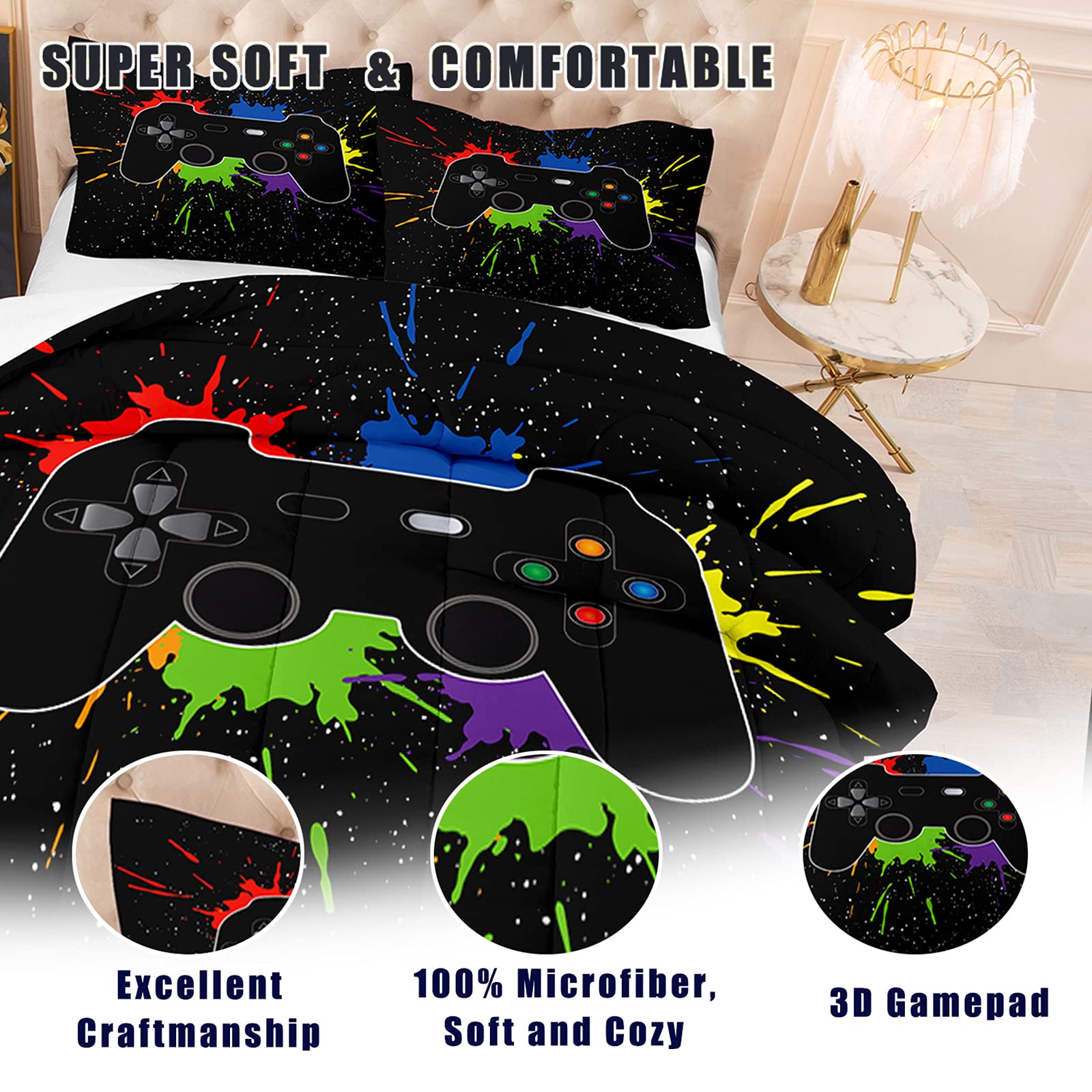 Black Gaming Comforter Set Queen Size for Kids & Teens - Video Game Themed Bedding with 1 Comforter & 2 Pillowcases - Perfect for Boys' Bedrooms, Gaming Rooms & Sleepovers