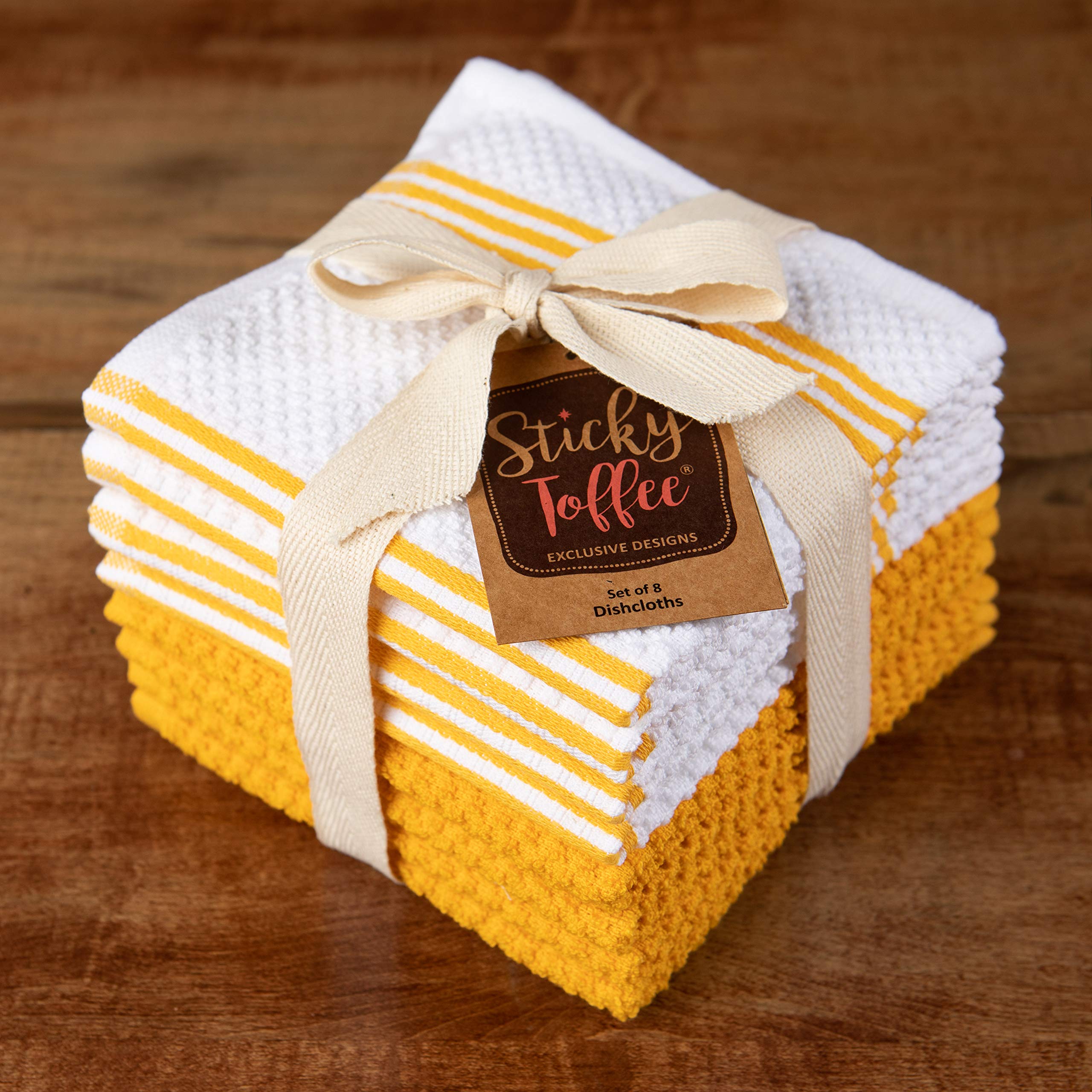 Premium 100% Cotton Kitchen Towels Set of 8 - Absorbent Dish Cloths & Tea Towels (12x12 Inch) | Eco-Friendly Oeko-Tex Certified | Yellow & White Reusable Cleaning Cloths for Dishes, Countertops & Kitchen Surfaces | Perfect for Daily Cleaning, Drying Dishes & Household Chores