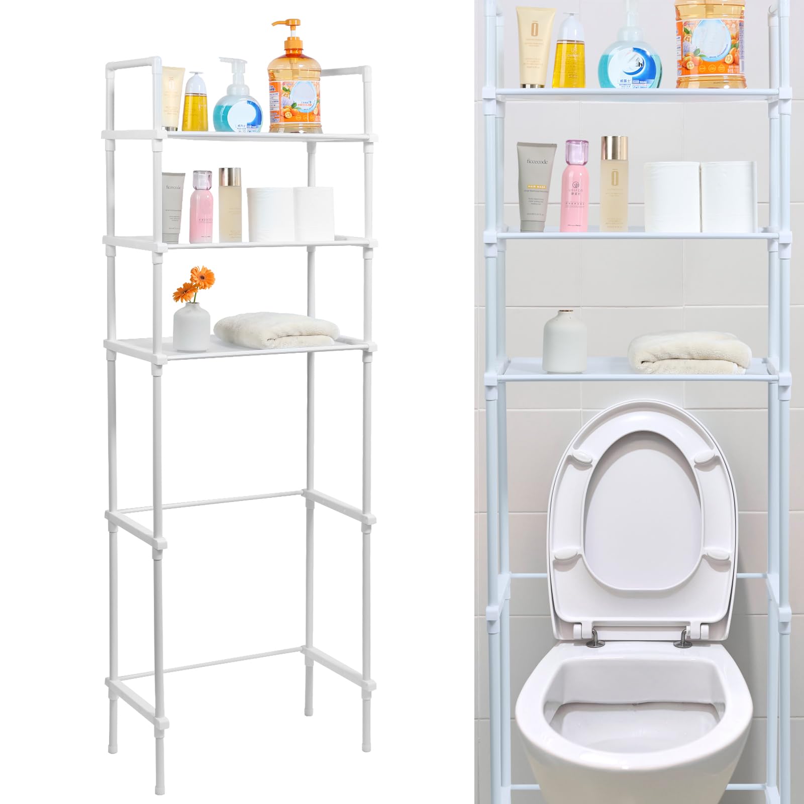 3-Tier Over The Toilet Storage Shelf - Freestanding Bathroom Organizer Cabinet with Space Saving Design for Towels, Toiletries & Decor - Perfect for Small Bathrooms, Apartments & Dorm Rooms (White)