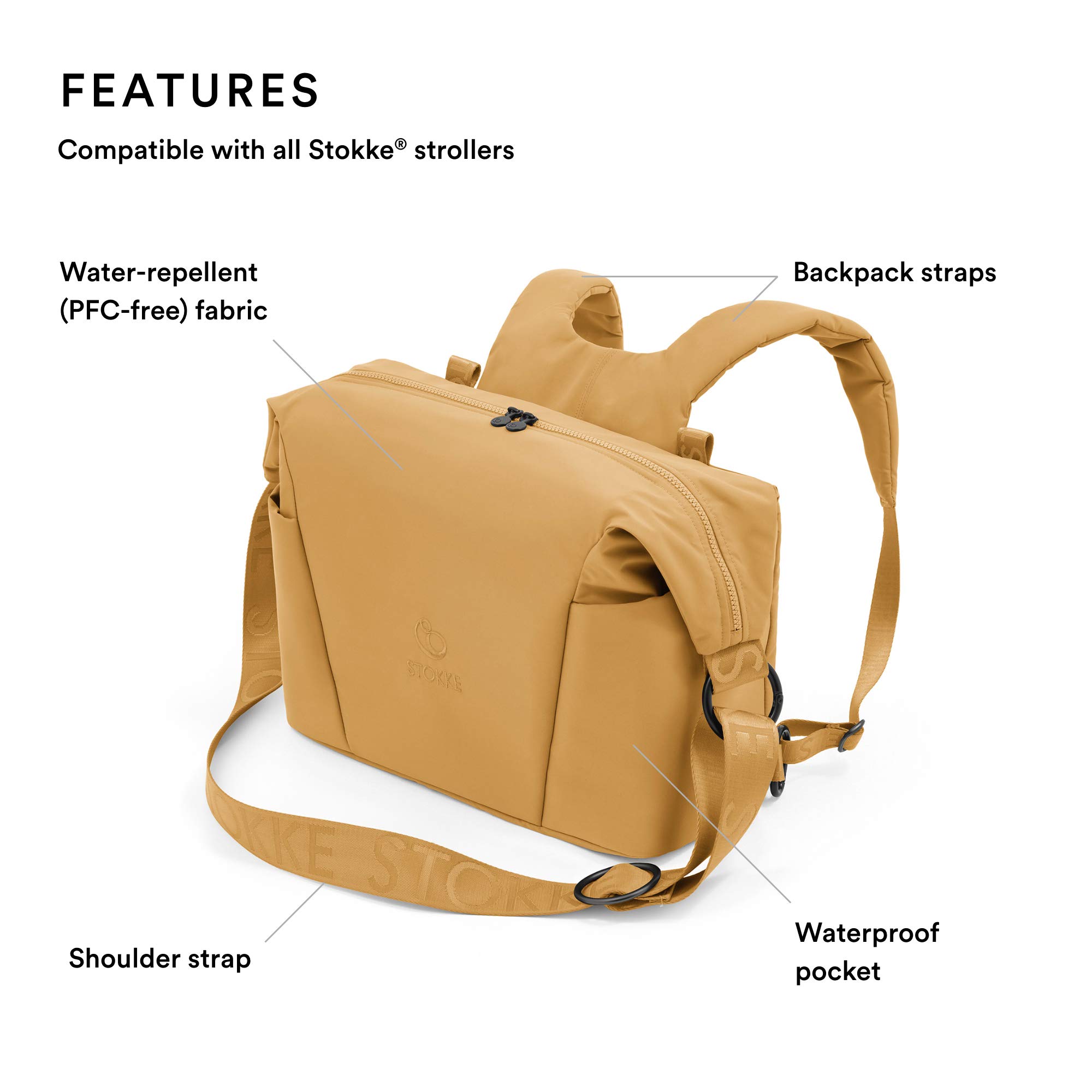 Stokke Xplory X Diaper Bag - Golden Yellow, Convertible Shoulder Bag & Backpack with Foldable Changing Mat - UPF 50+ Sun Protection, Water Repellent & Easy to Clean - Perfect for Travel, Shopping & Outdoor Activities with Baby