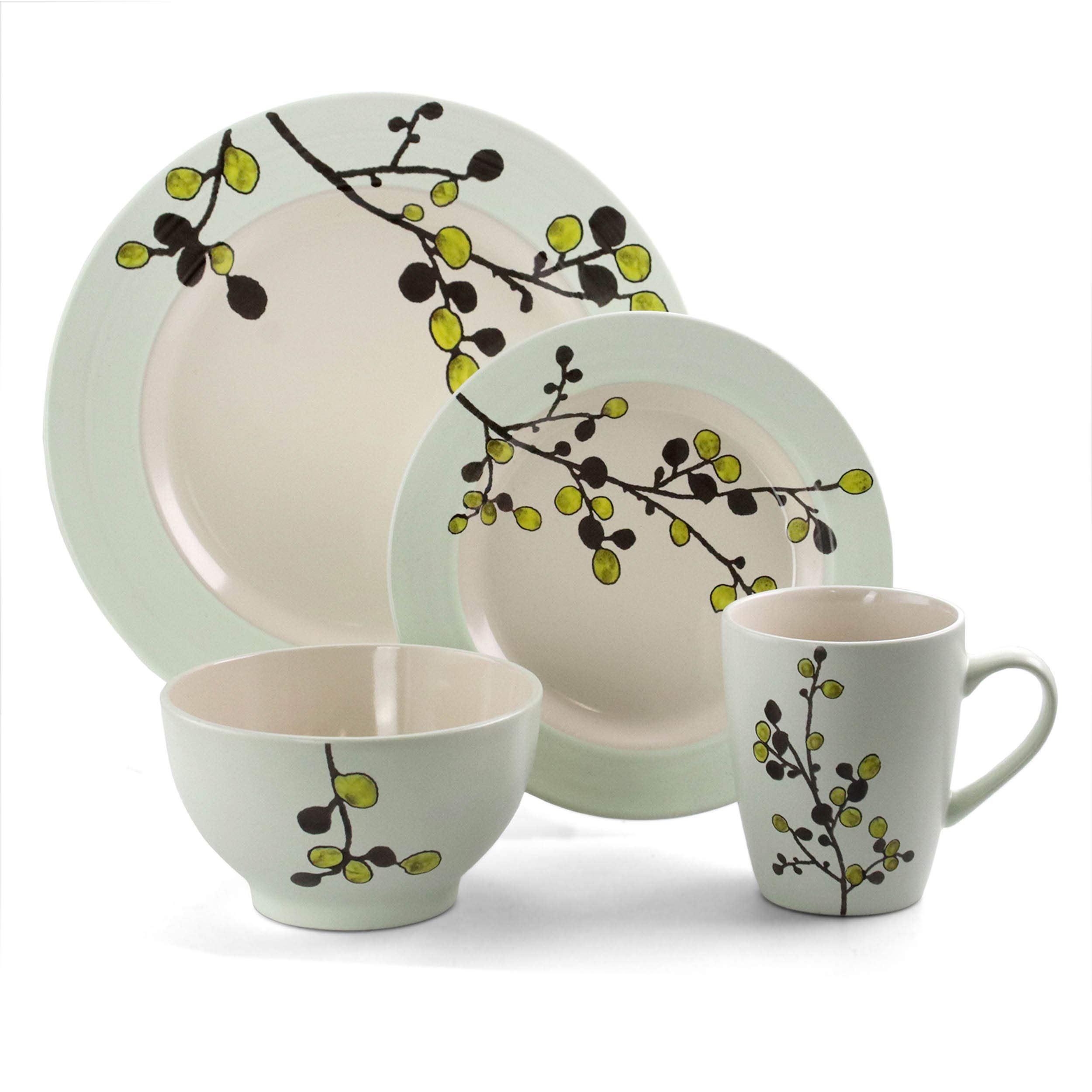 Elama RETROBLOOM 16-Piece Stoneware Dinnerware Set for 4 - Elegant Green Retro Design, Durable & Chip-Resistant - Perfect for Family Dinners, Entertaining Guests & Holiday Gatherings