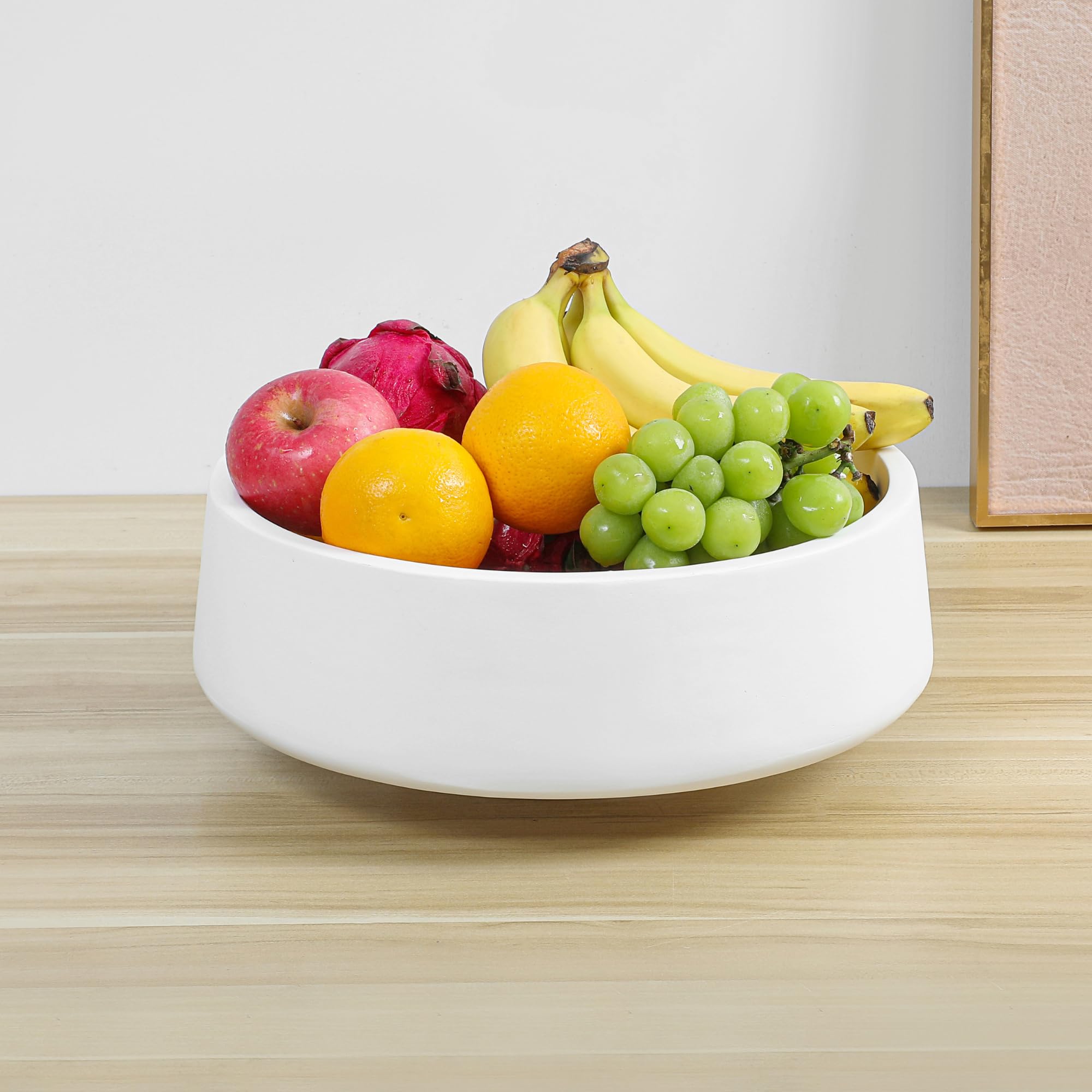 14.2-inch Large White Wooden Fruit Bowl with Pedestal - Decorative Kitchen Countertop Bowl for Displaying Fruits, Apples, Bananas & Home Decor
