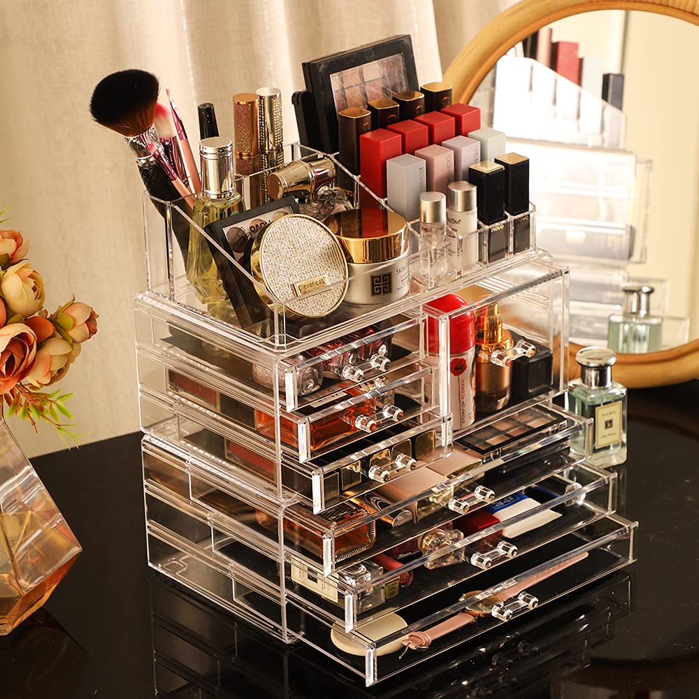 3-Pack Clear Acrylic Makeup Organizer with 7 Stackable Drawers - Vanity Desk Organizer for Jewelry, Hair Clips, Skincare & Beauty Products - Perfect for Bedroom, Bathroom & Dressing Table Organization