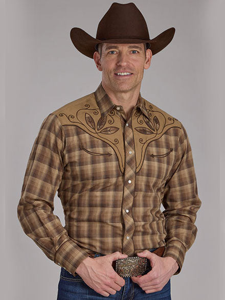 Roper Men's Long Sleeve Plaid Western Shirt - Brown & Tan Checkered Cowboy Shirt for Casual Wear, Rodeo, and Outdoor Activities | 01 001 0024 1071