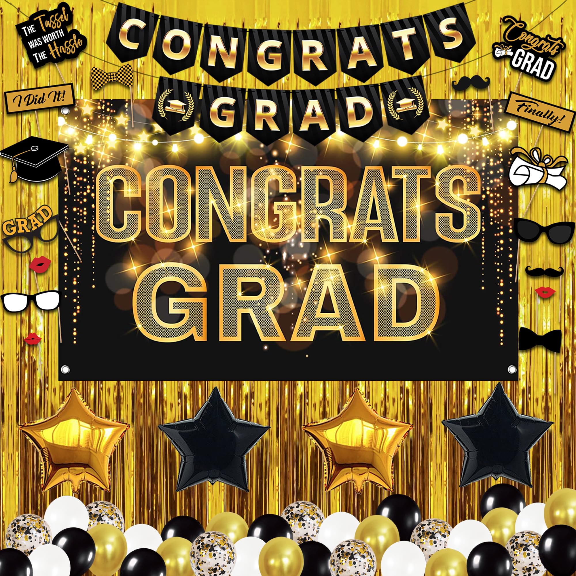 KatchOn Black & Gold Graduation Decorations Class of 2025 - 61-Piece Party Set with Congrats Grad Banner, Gold Foil Fringe Curtain & 2025 Balloons | Perfect for High School & College Graduation Parties, Photo Backdrops & Celebration Decor