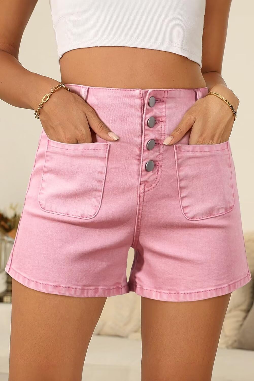 Sidefeel Women's High Waisted Stretchy Denim Shorts with Button Fly | Summer 2025 Fashion | Perfect for Casual Outings, Beach Trips & Street Style